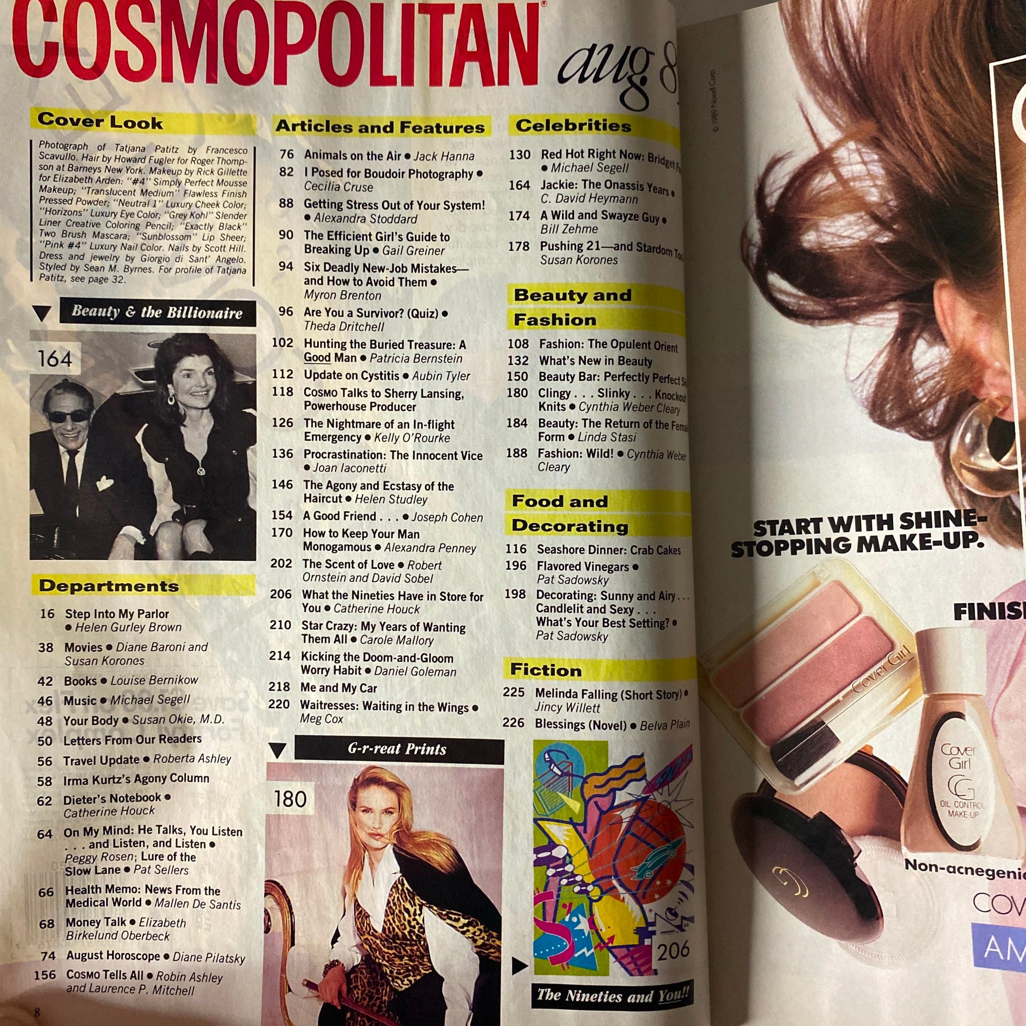 Table of contents from Cosmopolitan Magazine August 1989, detailing sections including articles and features, beauty, fashion, and fiction, reflecting the diverse topics covered in the issue.