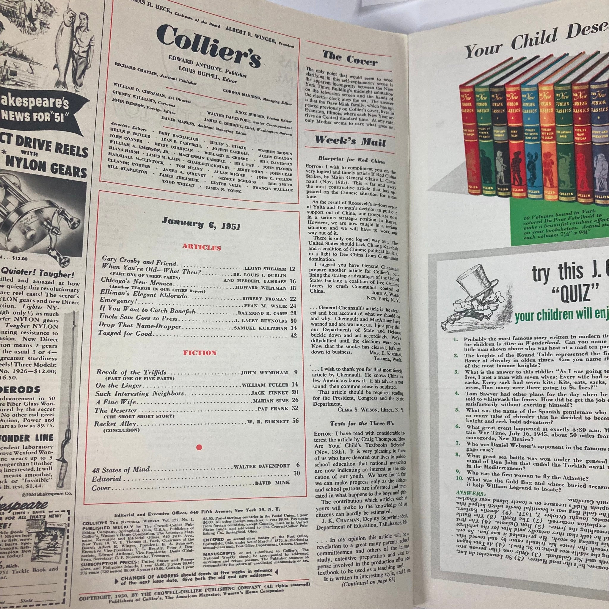 Inside page of VTG Collier's Magazine January 6 1951, Vol 127 No. 1, displaying table of contents with articles and features from the early 1950s cultural landscape.