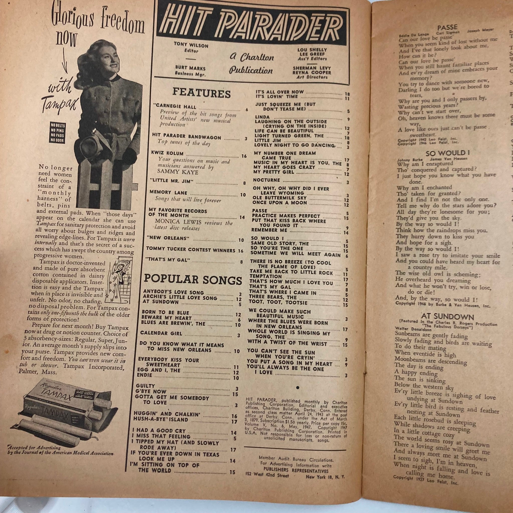 VTG Hit Parader Magazine May 1947 Vol 5 No. 6 Perry Como & Memory Lane No Label