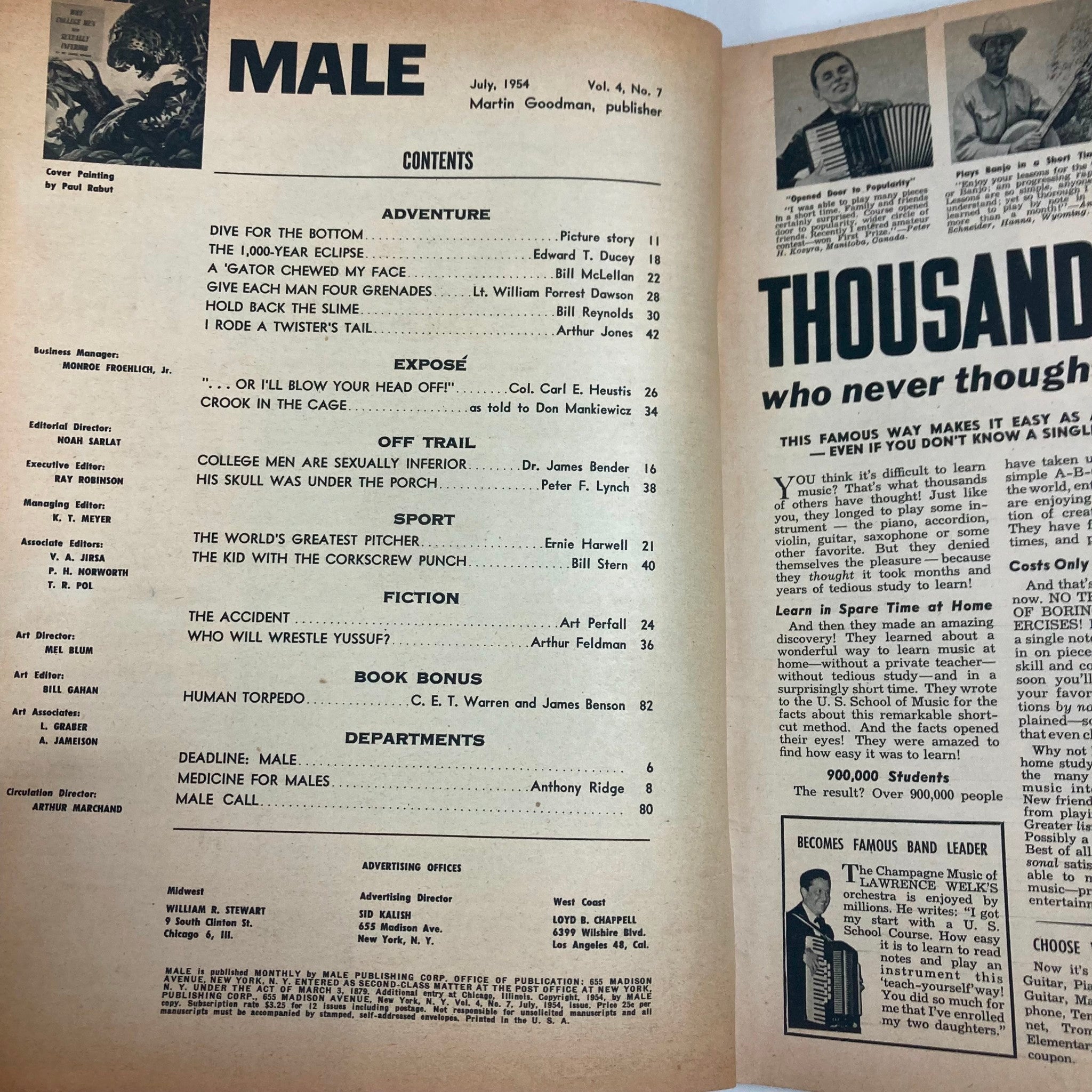 VTG Male Magazine July 1954 Vol 4 No. 7 A 'Gator Chewed My Face No Label