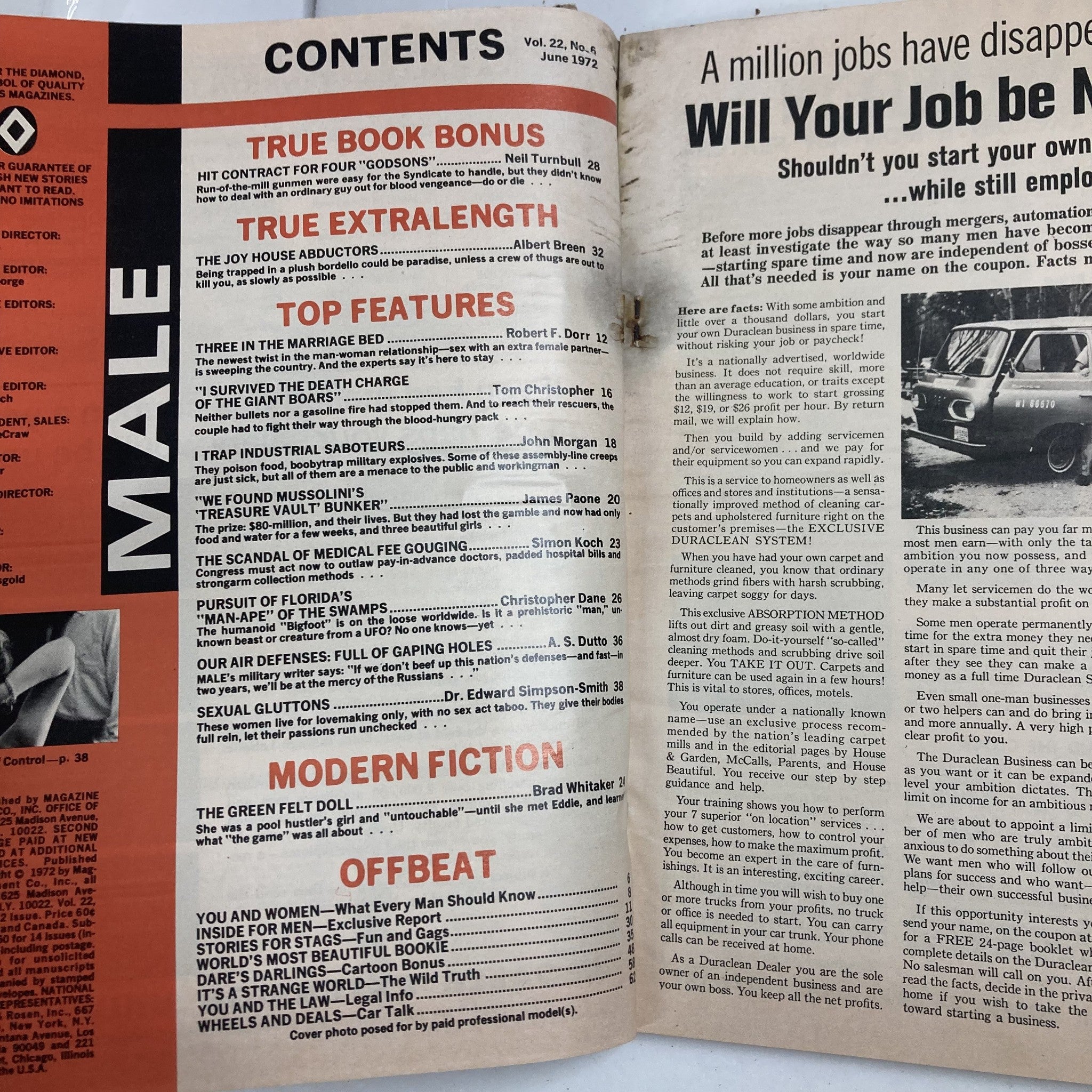 Contents page of VTG Male Magazine June 1972 detailing featured articles including 'The Joy House Abductors'.