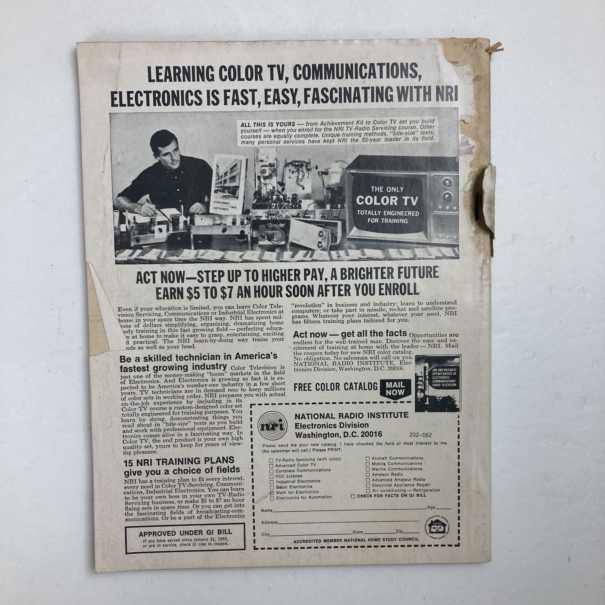 Back cover of VTG Male Magazine June 1972 showcasing an advertisement for the National Radio Institute and electronics training courses.