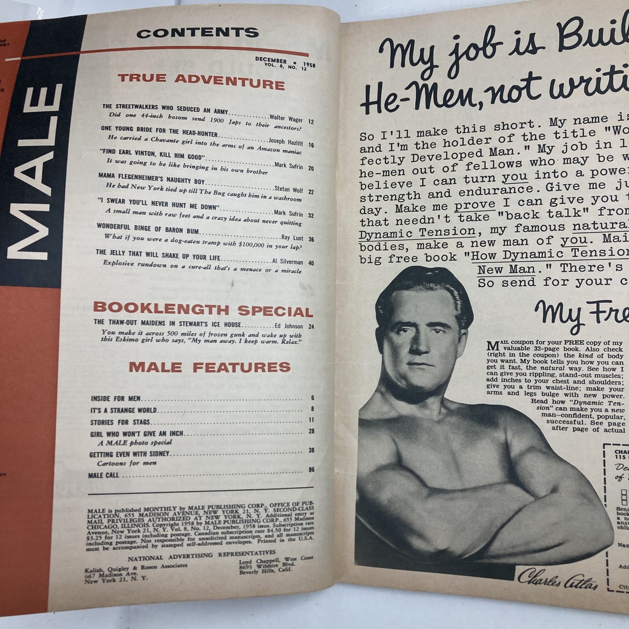 Interior page of VTG Male Magazine December 1958 Vol 8 No. 12 showcasing magazine contents and a photo of a muscled man, emphasizing theme of masculinity.
