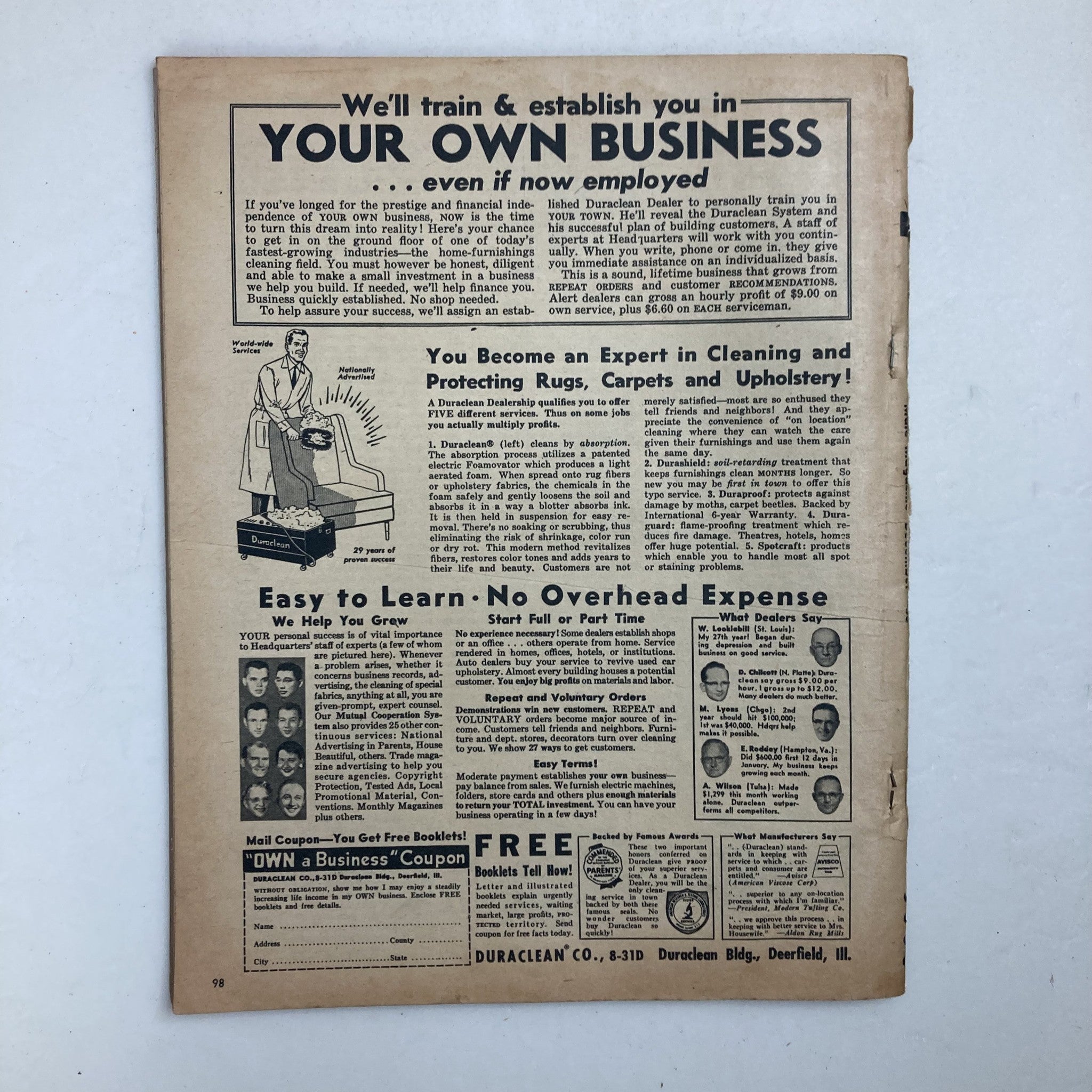 Back cover of VTG Male Magazine December 1958 Vol 8 No. 12 featuring an advertisement related to starting a business, highlighting available training opportunities.