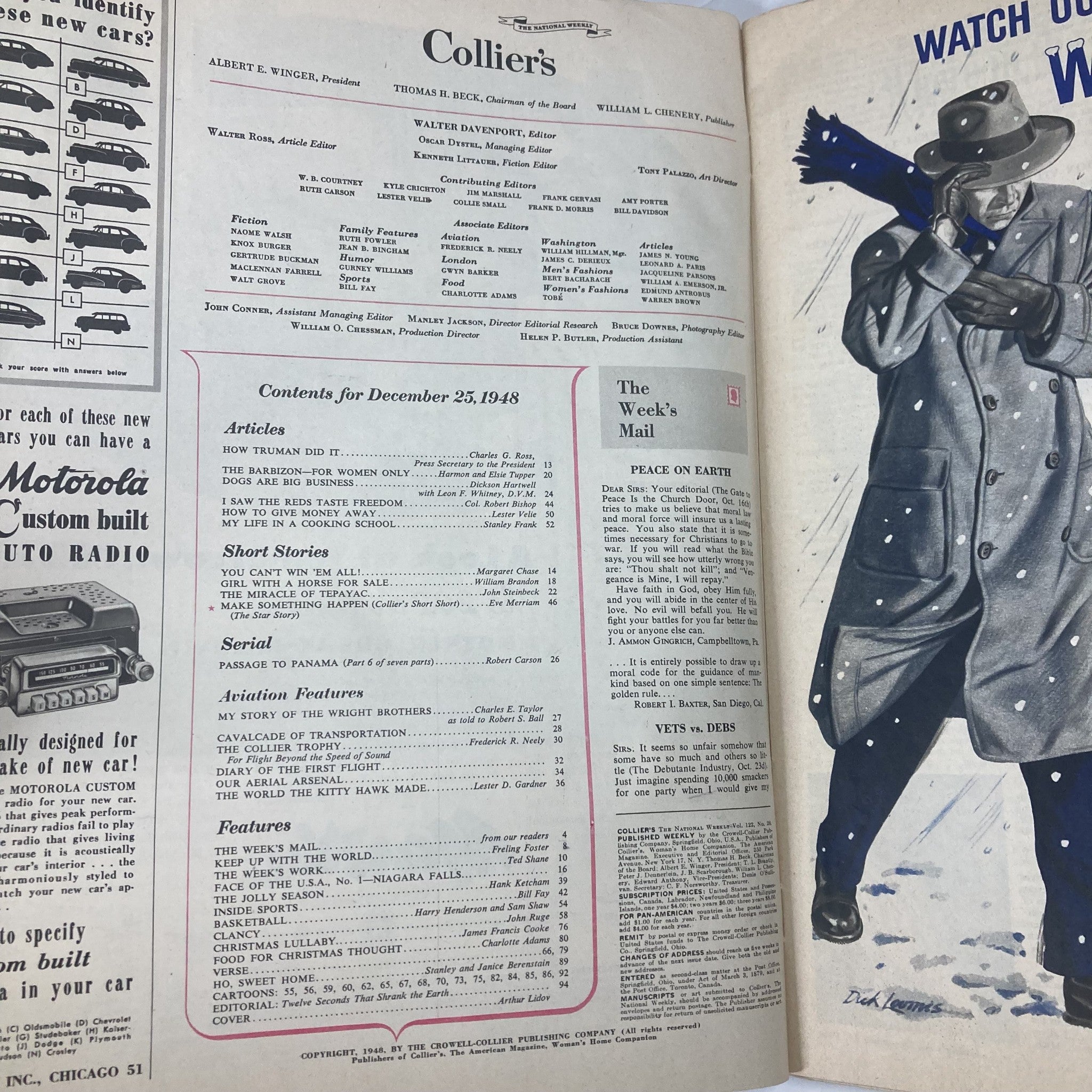 Interior page of VTG Collier's Magazine December 25, 1948, Vol 122 #26, displaying the table of contents including features on aviation and other articles.