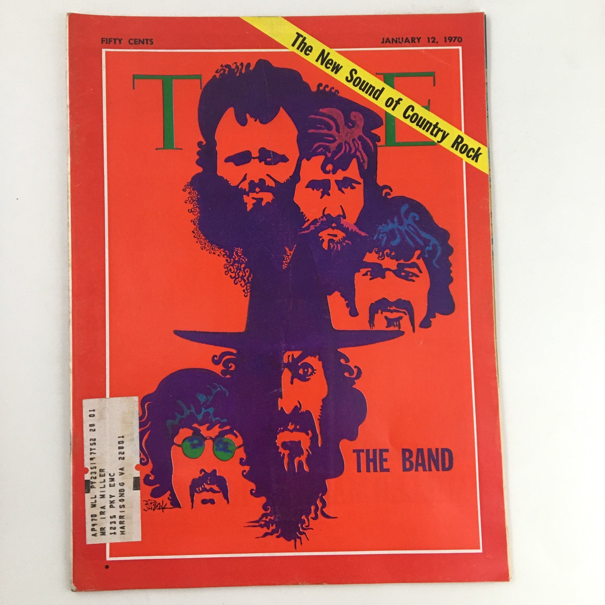 Cover of Time Magazine dated January 12, 1970, featuring The Band and showcasing the new sound of country rock. Vintage magazine cover design with colorful illustrations and an address label, reflecting a pivotal moment in music history.