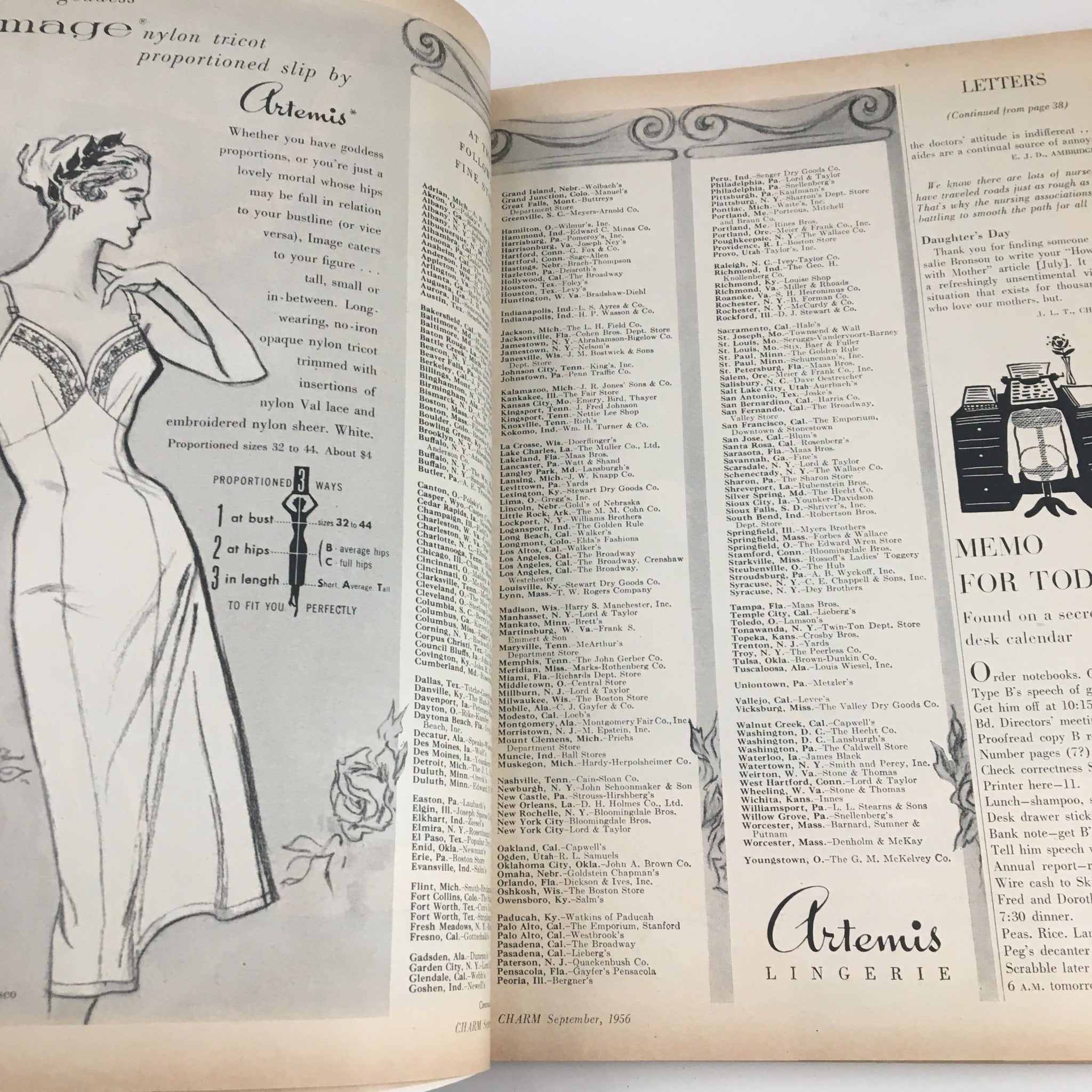 Lingerie advertisement page in Charm Magazine September 1956, displaying vintage fashion designs and brand listings.