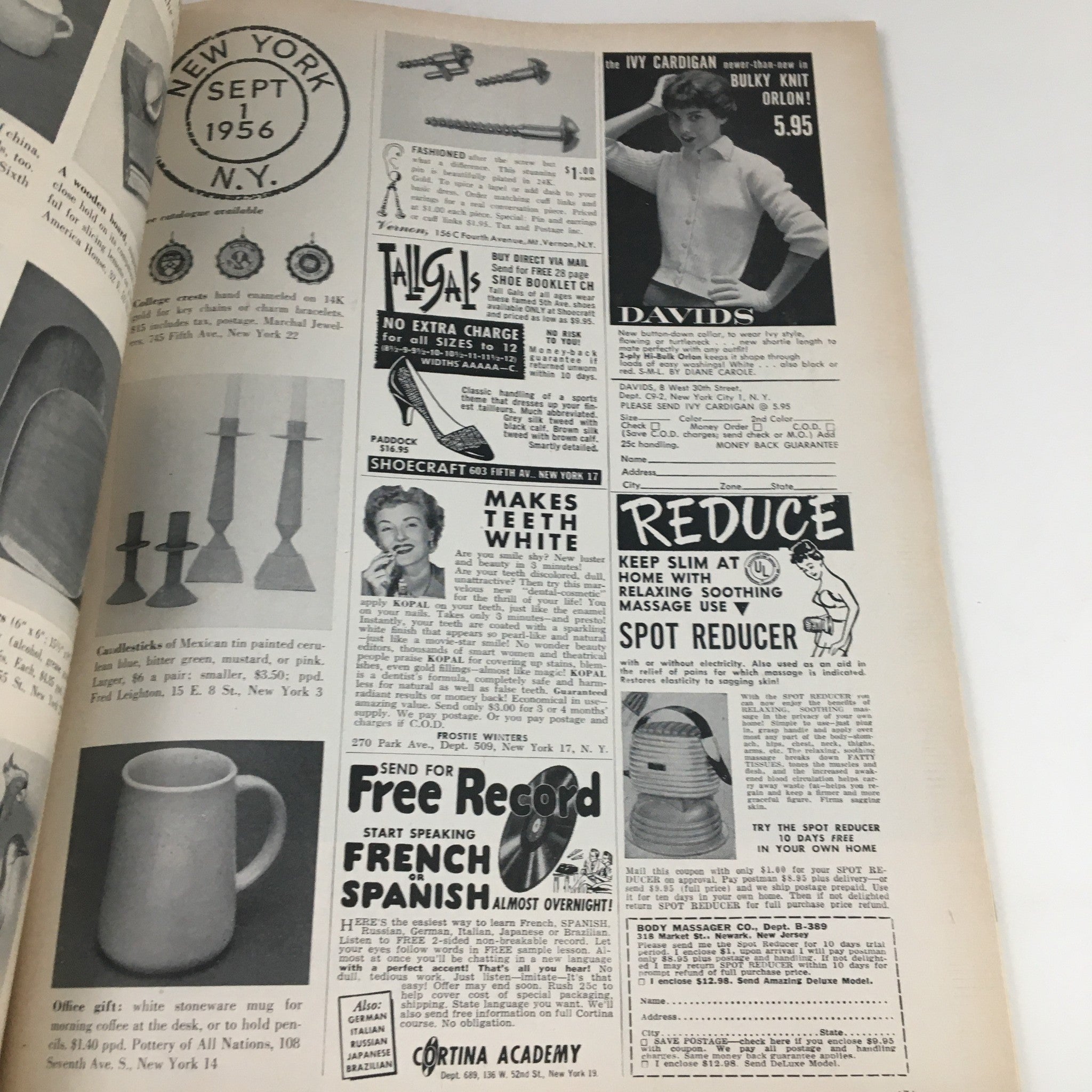 Interior page from Charm Magazine September 1956 showcasing advertisements including a section for women's fashion and beauty products.