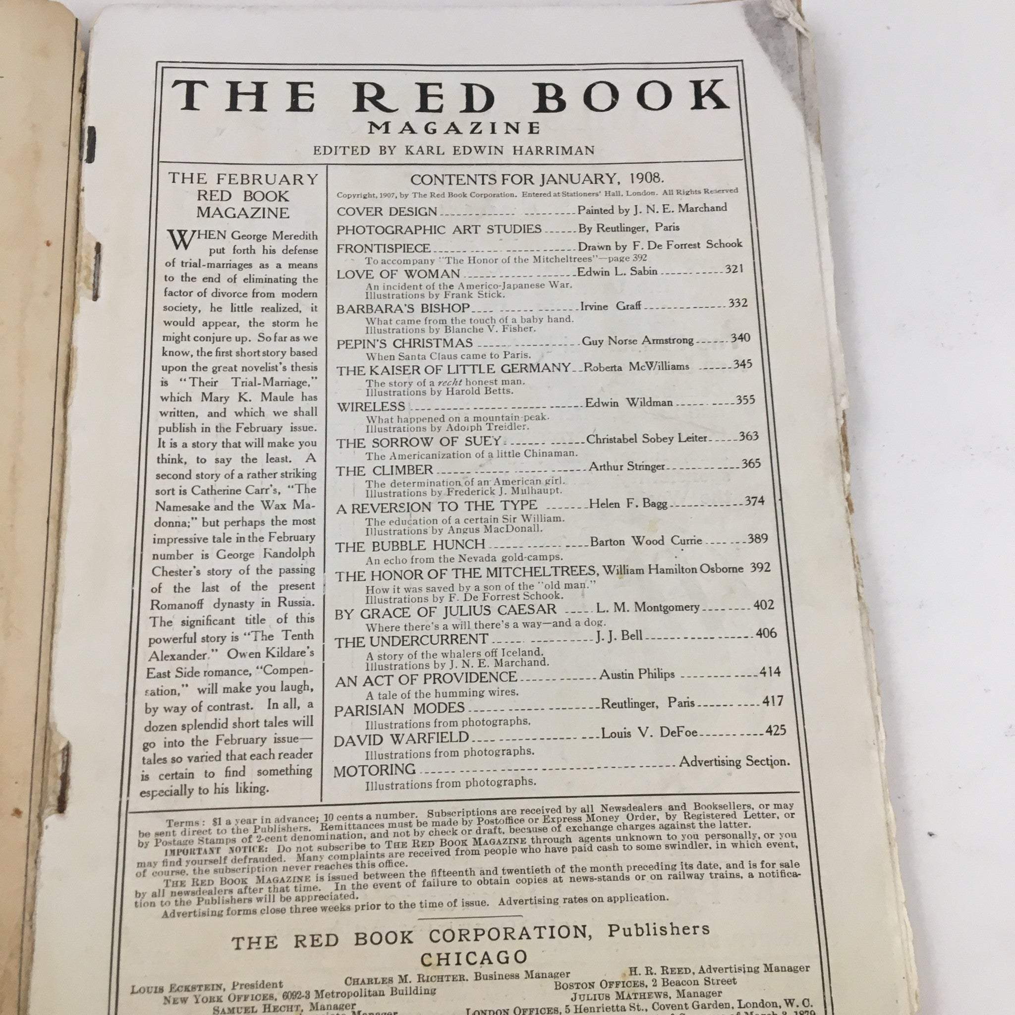 The Redbook Magazine January 1908 Love of Woman by Edwin L. Sabin No Label