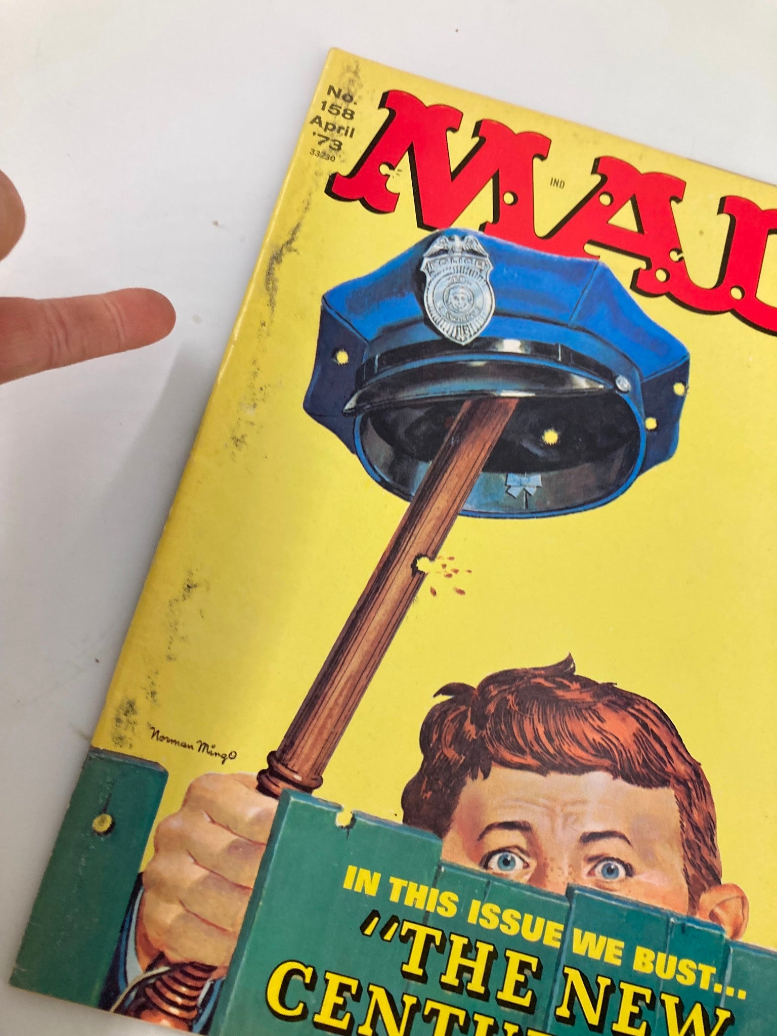 Close-up of Mad Magazine April 1973 No. 158 cover showing the title 'The New Centurions' with a police hat, highlighting details of the magazine.