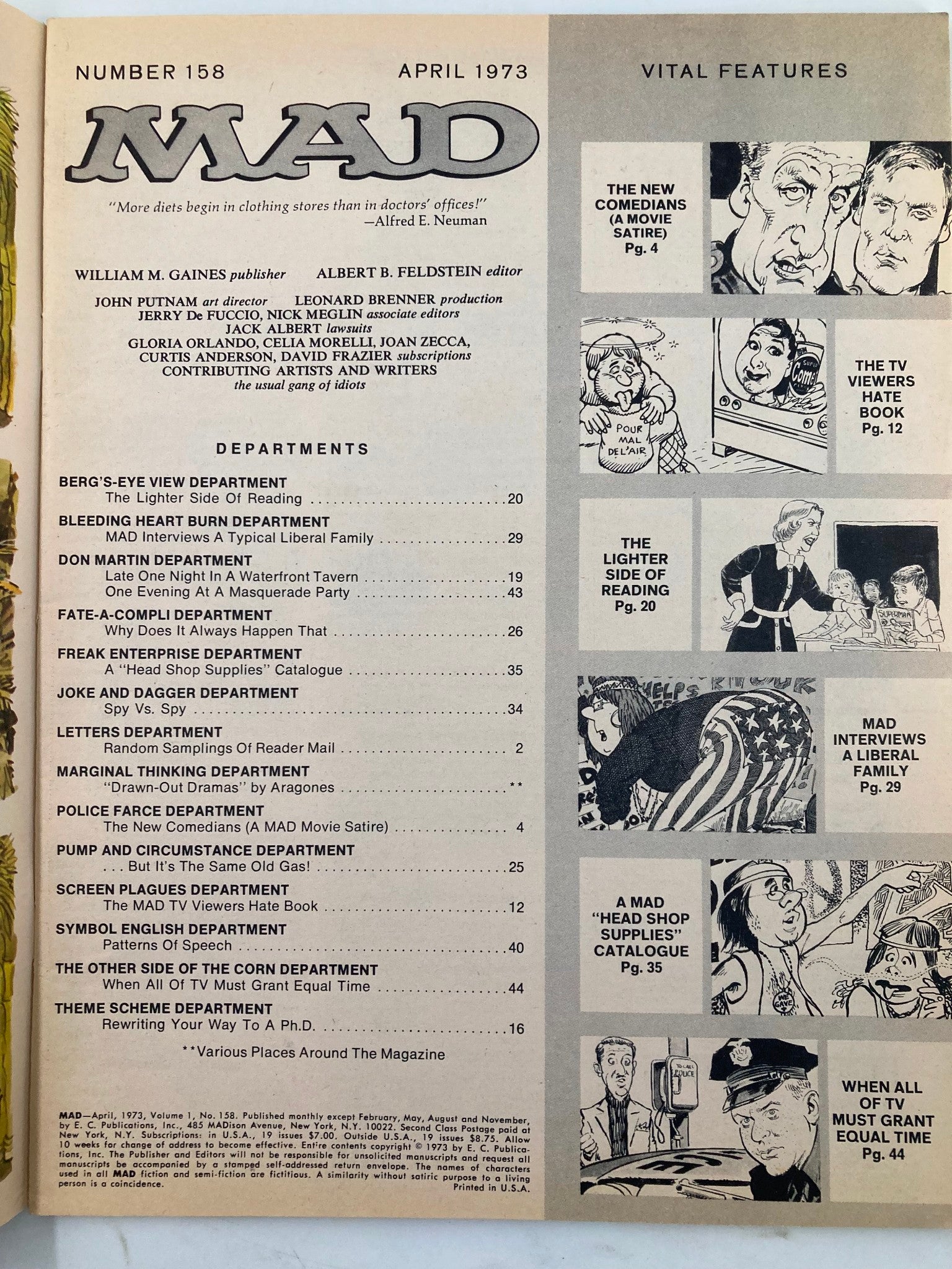 Inside page of Mad Magazine April 1973 No. 158 displaying the table of contents with various department titles and illustrations.