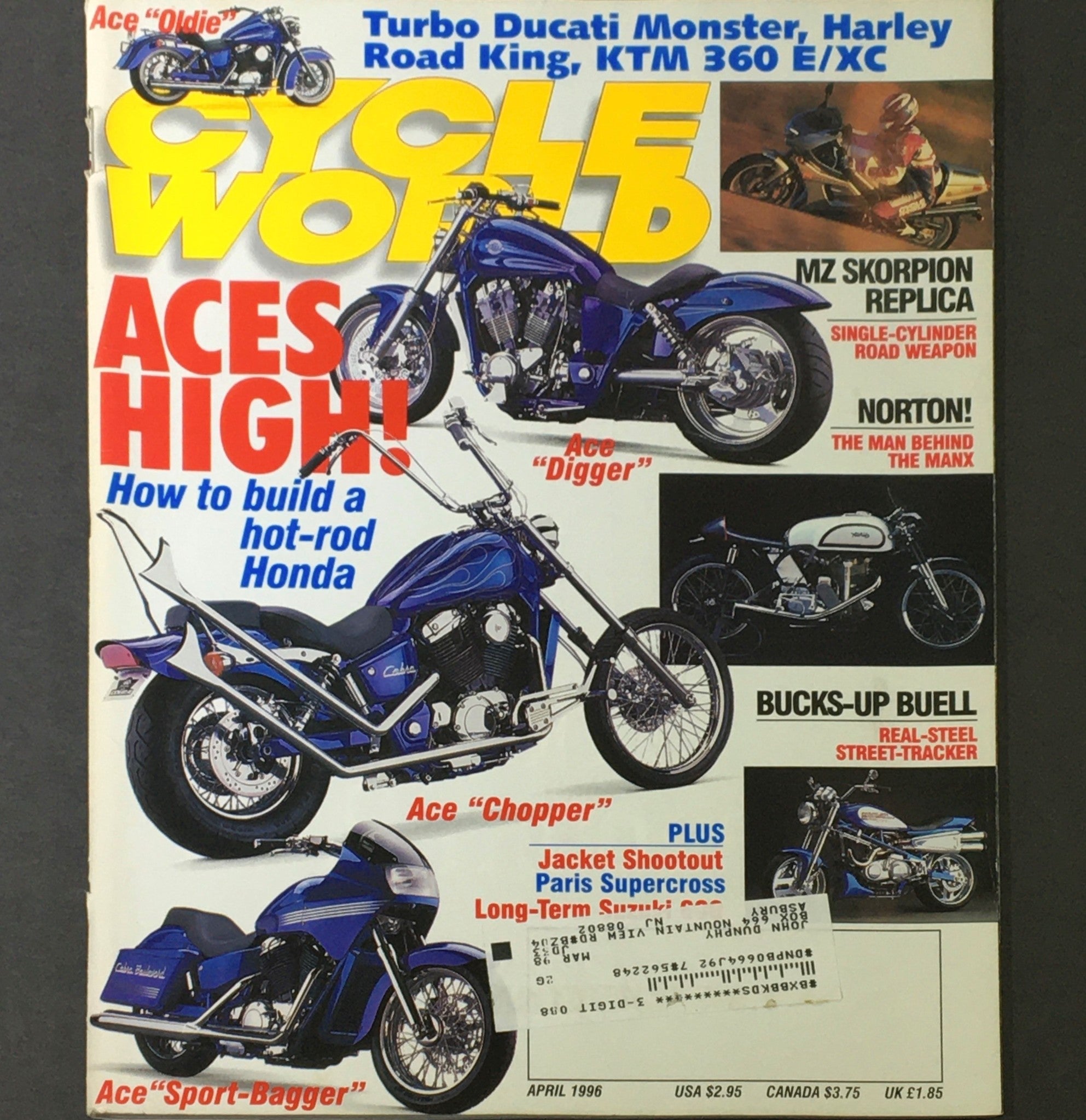 Cycle World Magazine April 1996 - Ducati Monster, Harley Road King & KTM 360 EXC