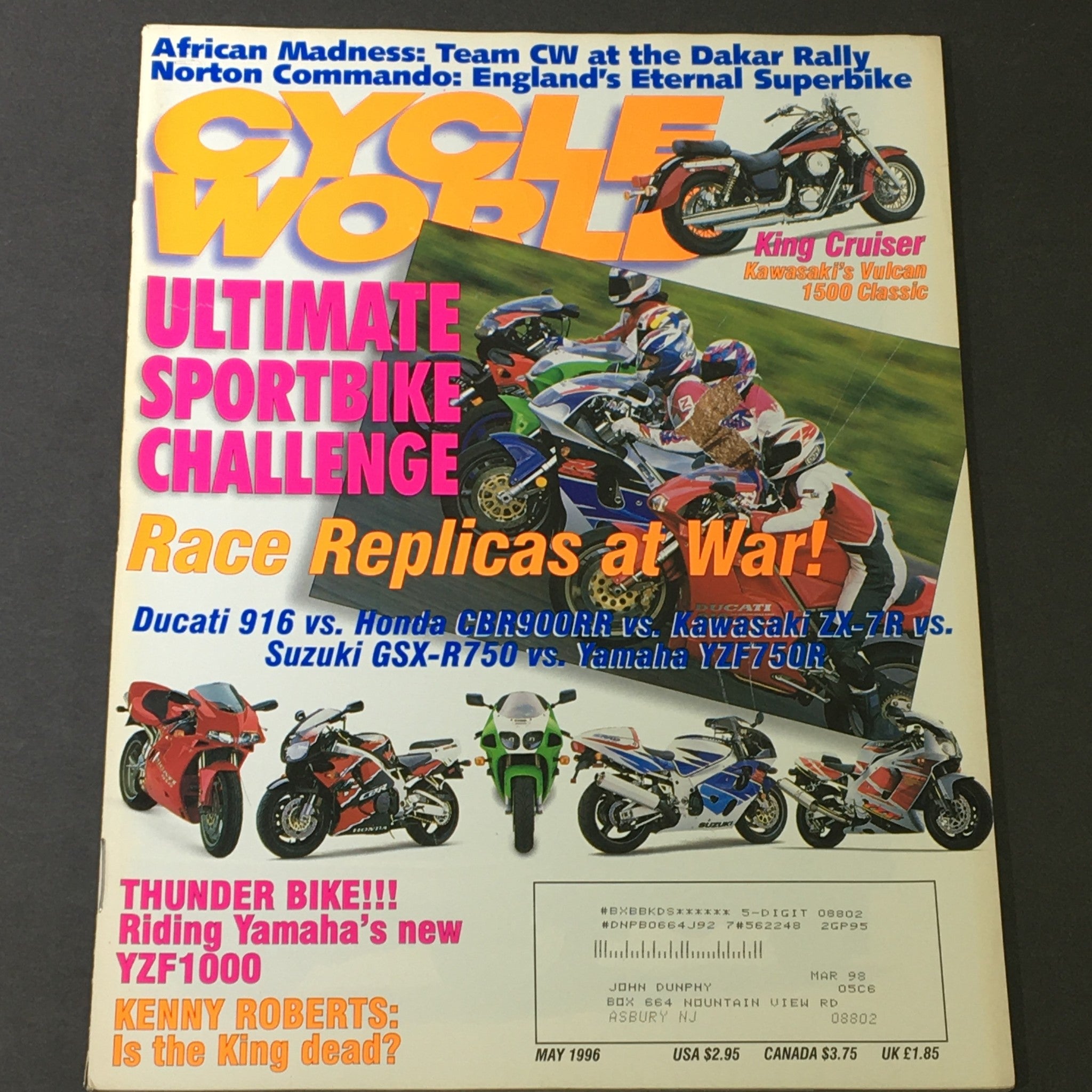 Cycle World Magazine May 1996 - Kawasaki Vulcan 1500 Classic / Yamaha YZF1000