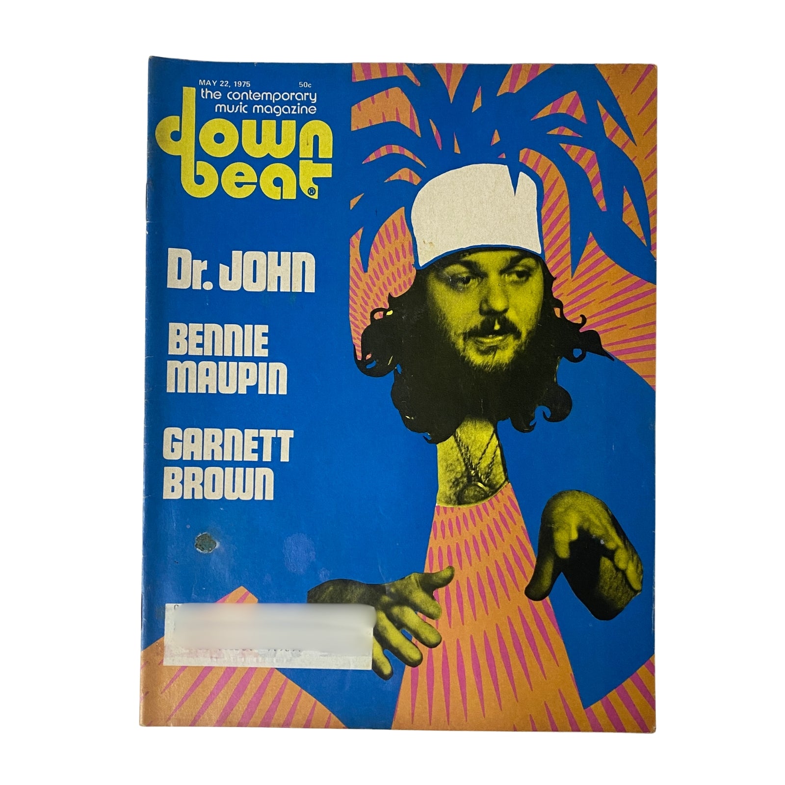 Cover of Down Beat Magazine May 22, 1975, featuring Dr. John, Bennie Maupin, and Garnett Brown. The vibrant design incorporates bold colors and artistic elements, highlighting the contemporary music themes of the issue.