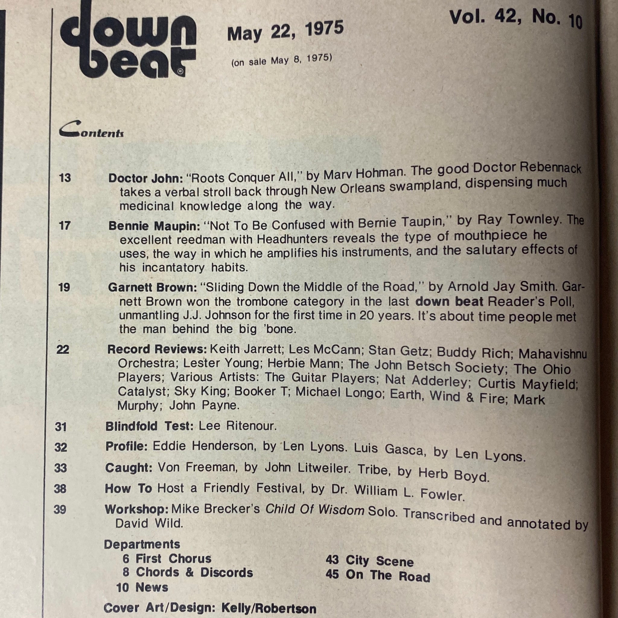 Table of contents from Down Beat Magazine May 22, 1975, Vol 42 No. 10. Lists feature articles on Dr. John, Bennie Maupin, and Garnett Brown, along with record reviews and profiles, illustrating the rich content for music enthusiasts.
