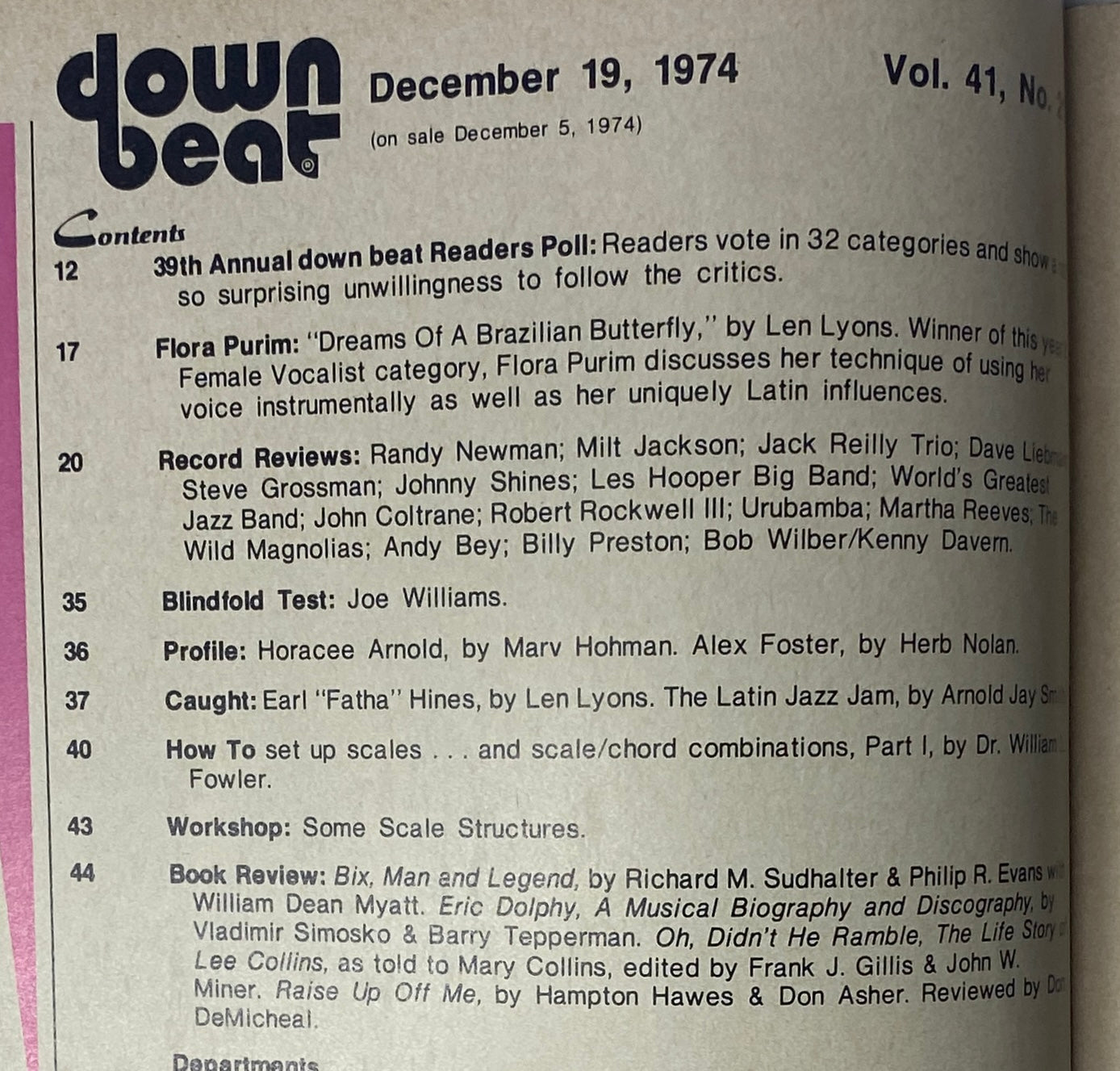 Inside page from Down Beat Magazine December 19, 1974 displaying the Table of Contents including features on Flora Purim, record reviews, and workshops.