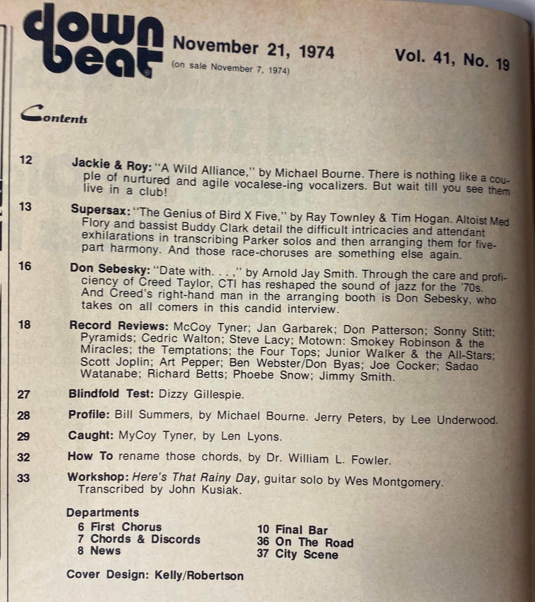 Down Beat Magazine, November 21, 1974, Vol 41 No 19. Features include articles on Jackie & Roy, Supersax, and Don Sebesky, alongside record reviews and a profile of Bill Summers. Cover design by Kelly/Robertson.
