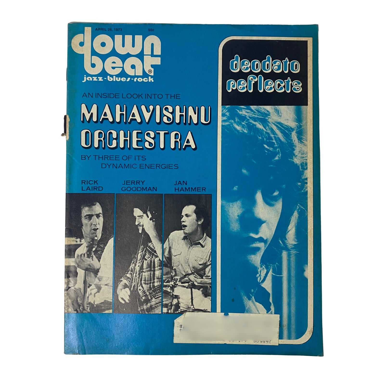 Cover of Down Beat Magazine April 26, 1973 Vol 40 No. 8 featuring Rick Laird, Jerry Goodman, and Jan Hammer, highlighting an inside look into the Mahavishnu Orchestra.