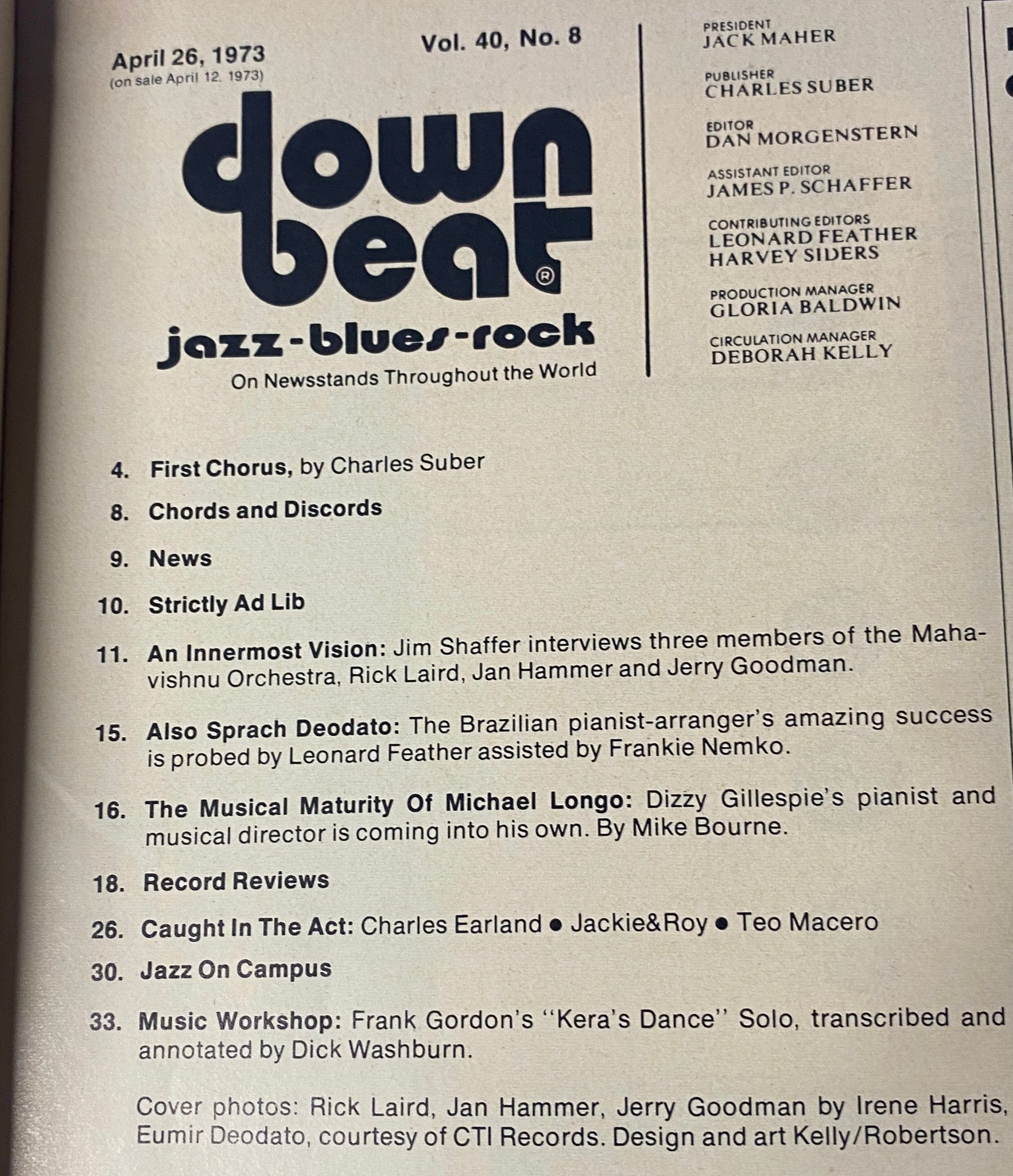 Table of Contents from Down Beat Magazine April 26, 1973 Vol 40 No. 8, listing articles including interviews and features on Rick Laird, Jerry Goodman, and other prominent jazz figures.