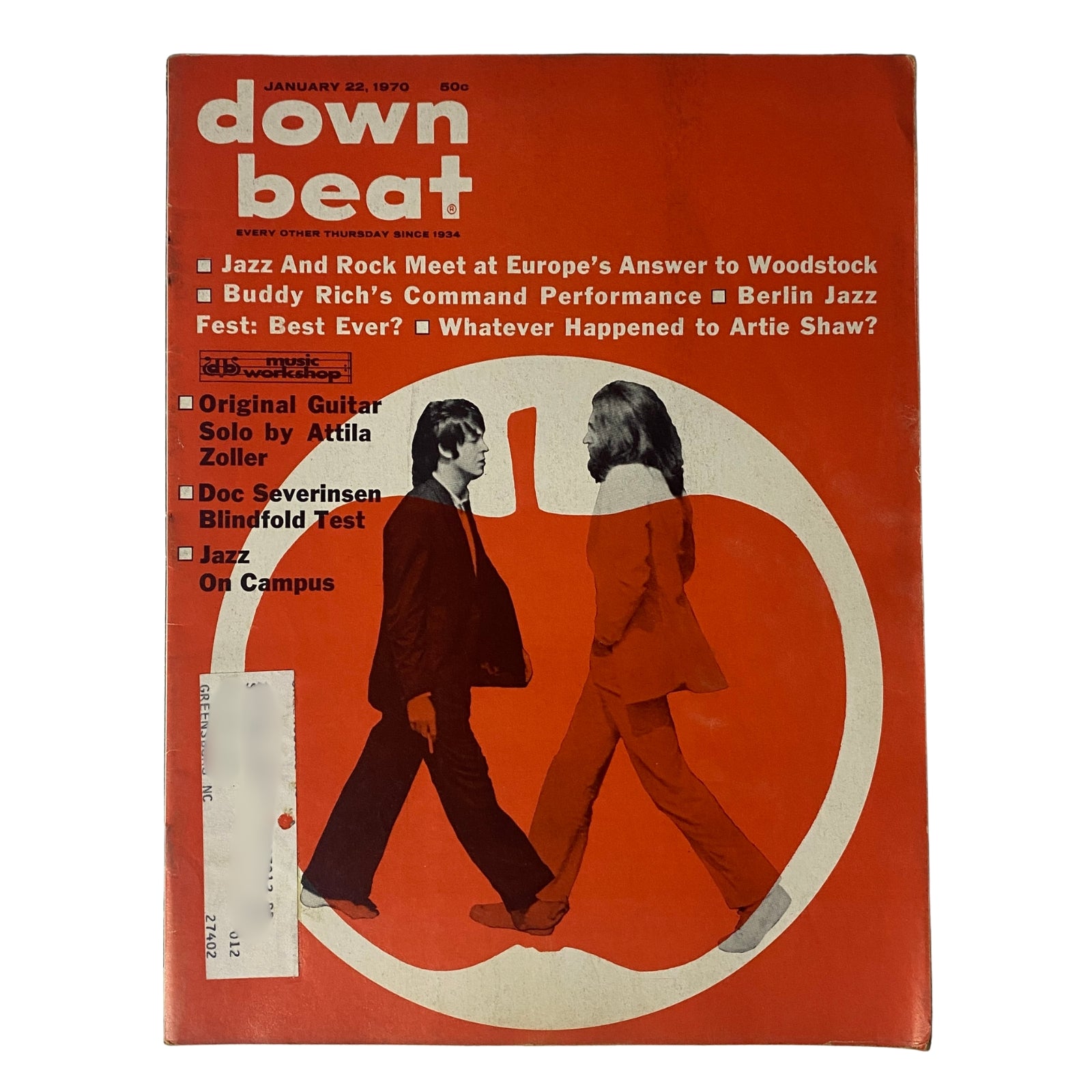 Cover of Down Beat Magazine, January 22, 1970, Vol 37 No. 2 featuring Doc Severinsen and Attila Zoller; highlights topics like Jazz and Rock, Buddy Rich, and Europe's Answer to Woodstock.