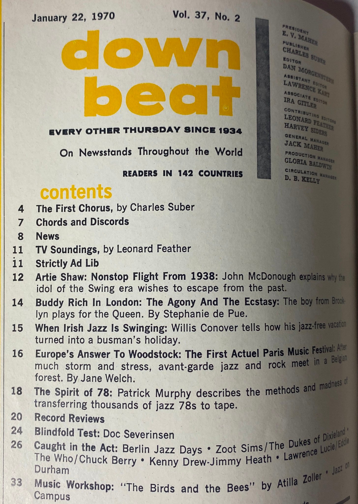 Cover of Down Beat Magazine, January 22, 1970, Vol 37 No. 2 featuring articles including Doc Severinsen and Attila Zoller, showcasing jazz history and music content.