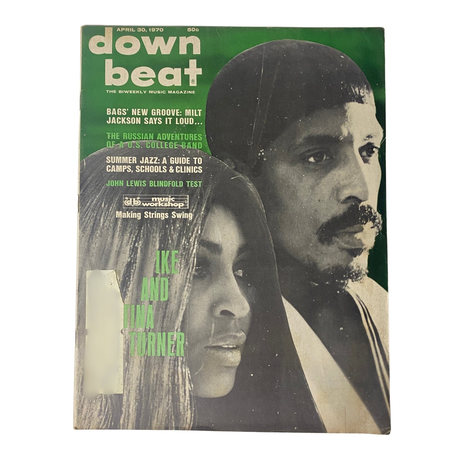 Cover of Down Beat Magazine, April 30, 1970, featuring Ike and Tina Turner. The magazine highlights jazz music, with emphasis on Milt Jackson and summer jazz events.