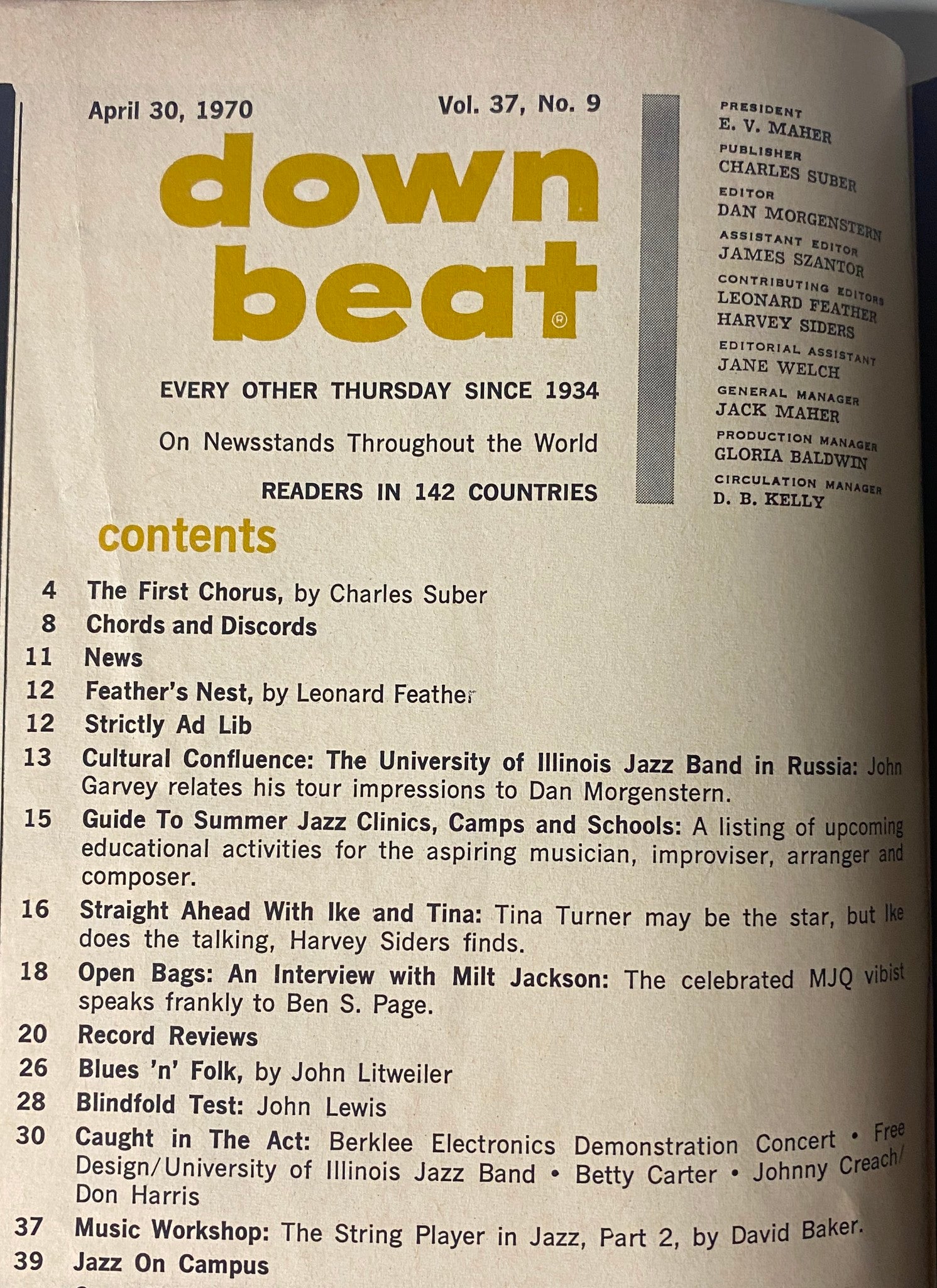 Table of Contents from Down Beat Magazine, April 30, 1970, Vol 37 No. 9. Lists articles including 'The First Chorus' and an interview with Ike and Tina Turner.
