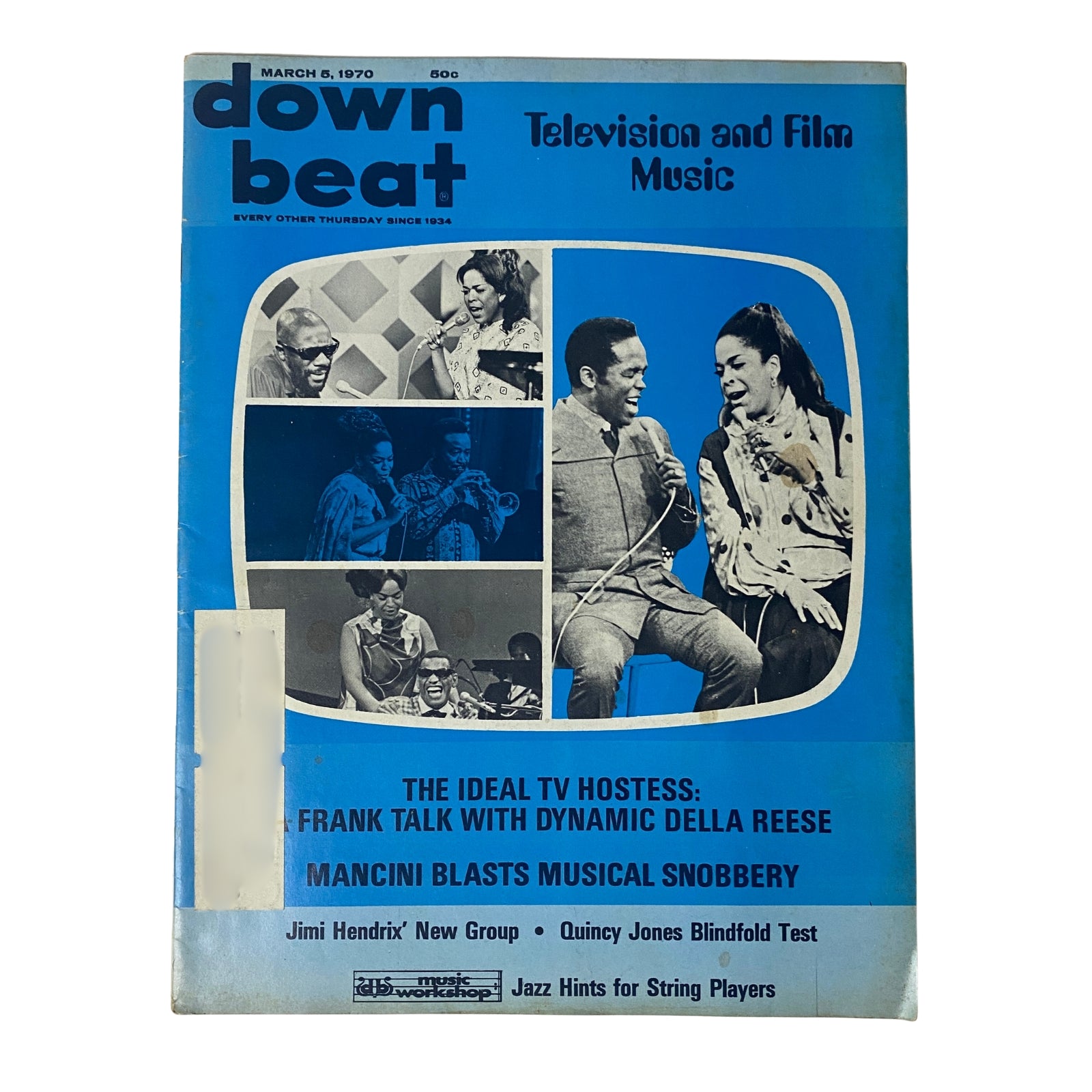 Cover of Down Beat Magazine from March 5, 1970, featuring Jimi Hendrix and Quincy Jones. The magazine headline highlights 'Television and Film Music,' with a focus on Della Reese's interview and other articles about music, including a Blindfold Test by Quincy Jones.