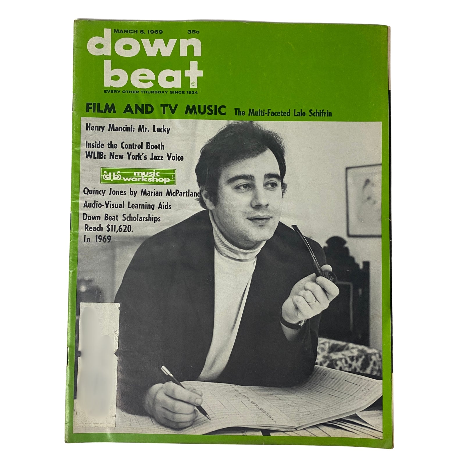 Cover of Down Beat Magazine from March 6, 1969, featuring the title 'The Multi-Faceted Lalo Schifrin' with a photo of Lalo Schifrin and headlines about film and TV music, including references to Henry Mancini and Quincy Jones.