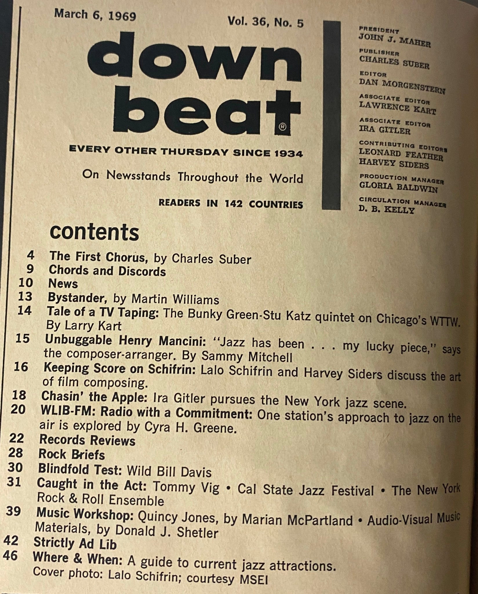 Table of Contents for Down Beat Magazine Vol 36 No. 5, dated March 6, 1969, featuring articles by Charles Suber and Martin Williams, and topics covering film and TV music, jazz, and music workshops with notable mentions of Lalo Schifrin.