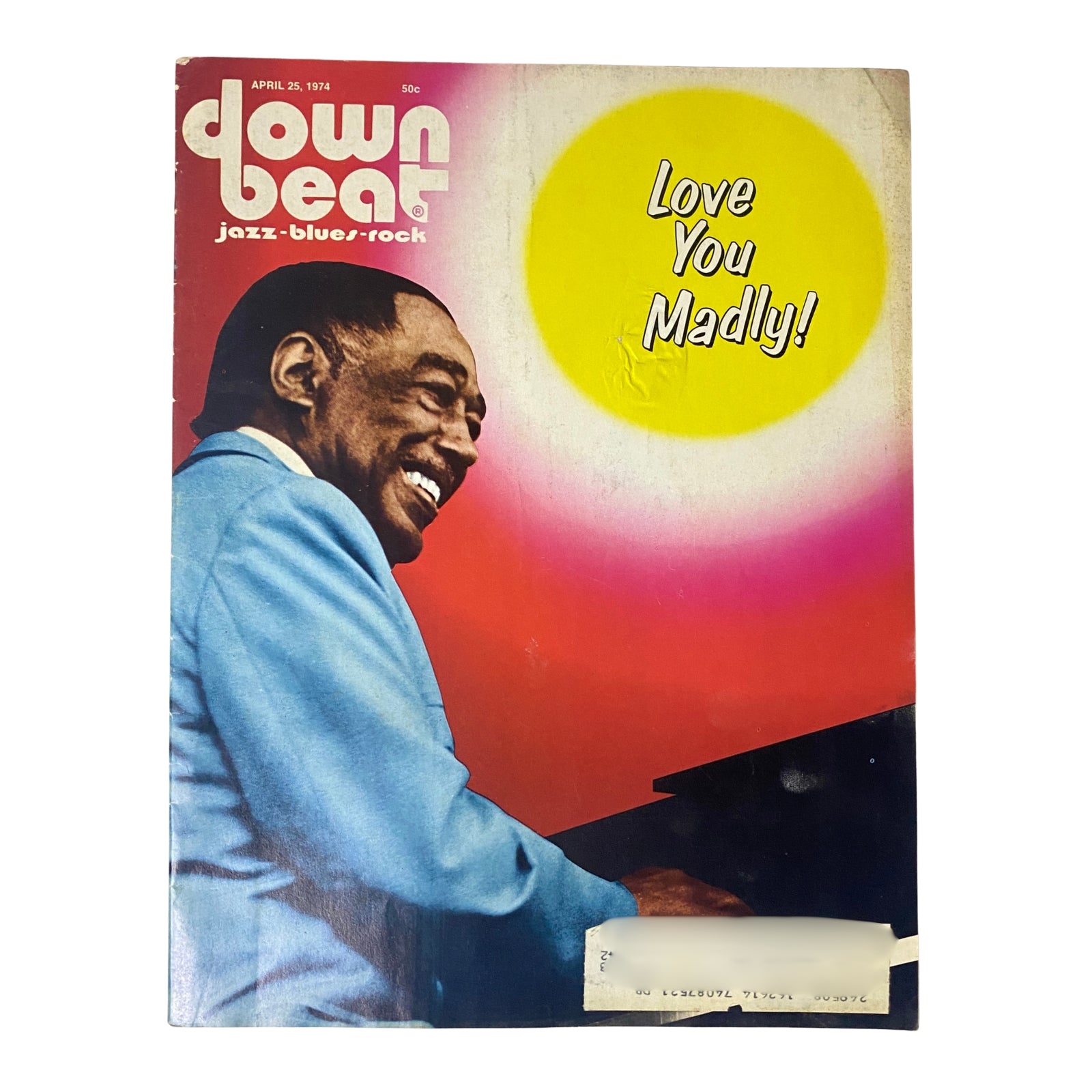 Cover of Down Beat Magazine, April 25, 1974, Vol 41 No. 8 featuring Duke Ellington with the text 'Love You Madly!' and a vibrant background.