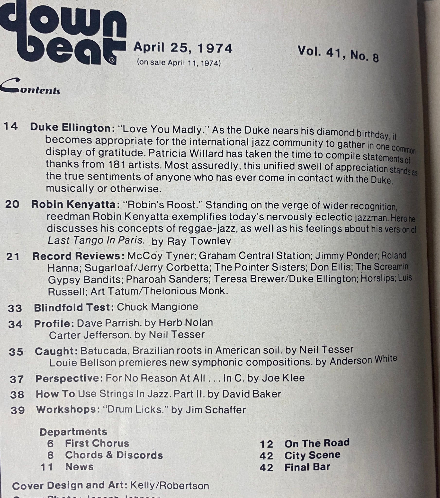 Inside page of Down Beat Magazine, April 25, 1974, Vol 41 No. 8 displaying the table of contents and features such as articles on Duke Ellington and Robin Kenyatta.