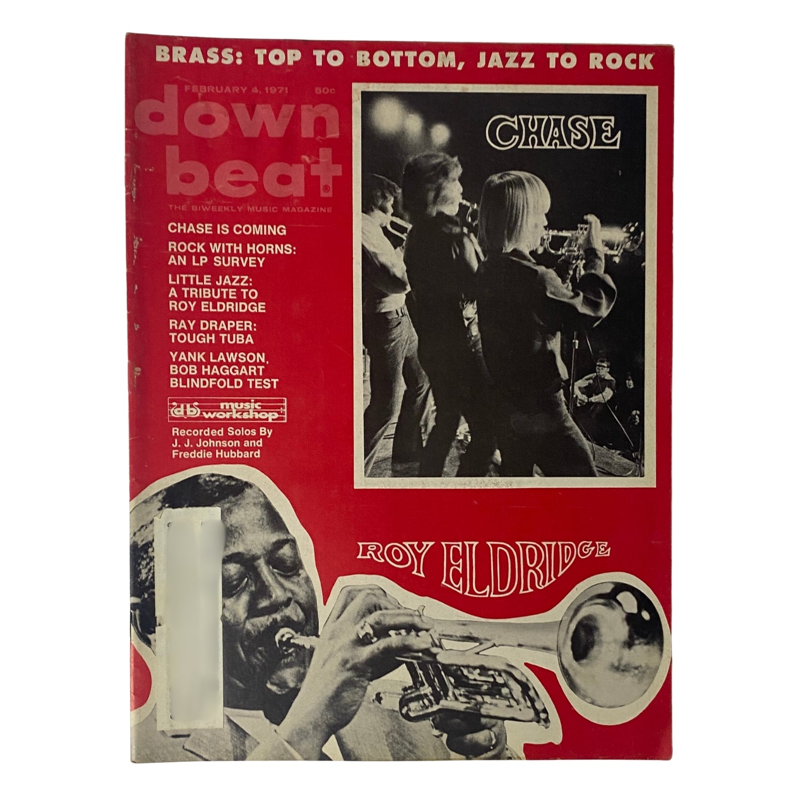 Cover of Down Beat Magazine, February 4, 1971, Vol 38 No. 3 featuring Roy Eldridge and Chase. The cover highlights Brass: Top to Bottom, Jazz to Rock.