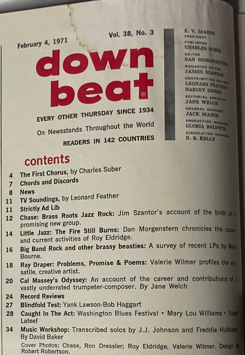 Cover of Down Beat Magazine February 4, 1971, Vol 38 No. 3 featuring Roy Eldridge and Chase, highlighting jazz music with listed contents including articles like 'The First Chorus' and 'Chase: Brass Roots Jazz Rock'.