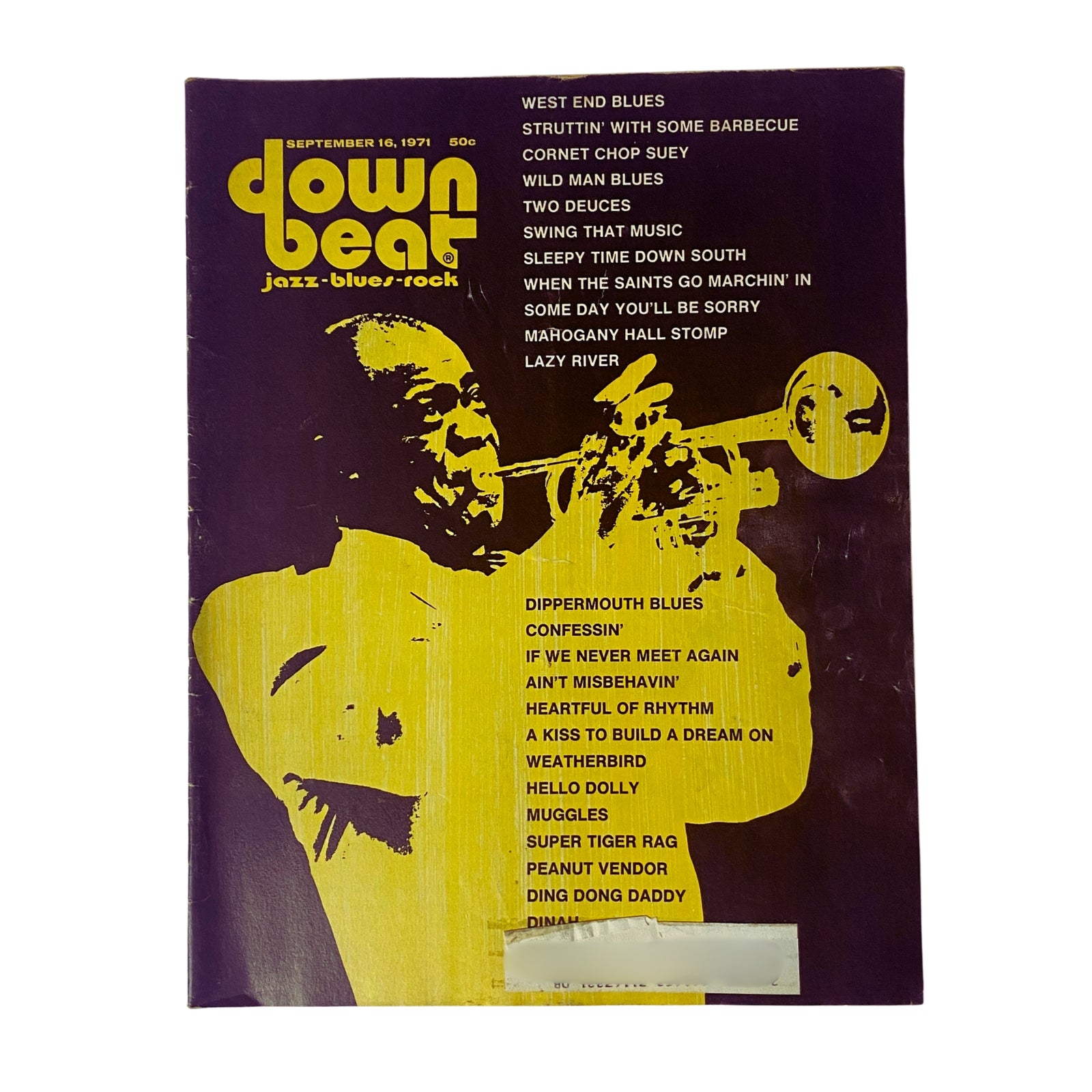 Cover of Down Beat Magazine September 16, 1971 Vol 38 No. 16 featuring a trumpet player and a bold yellow design, highlighting Louis Armstrong.