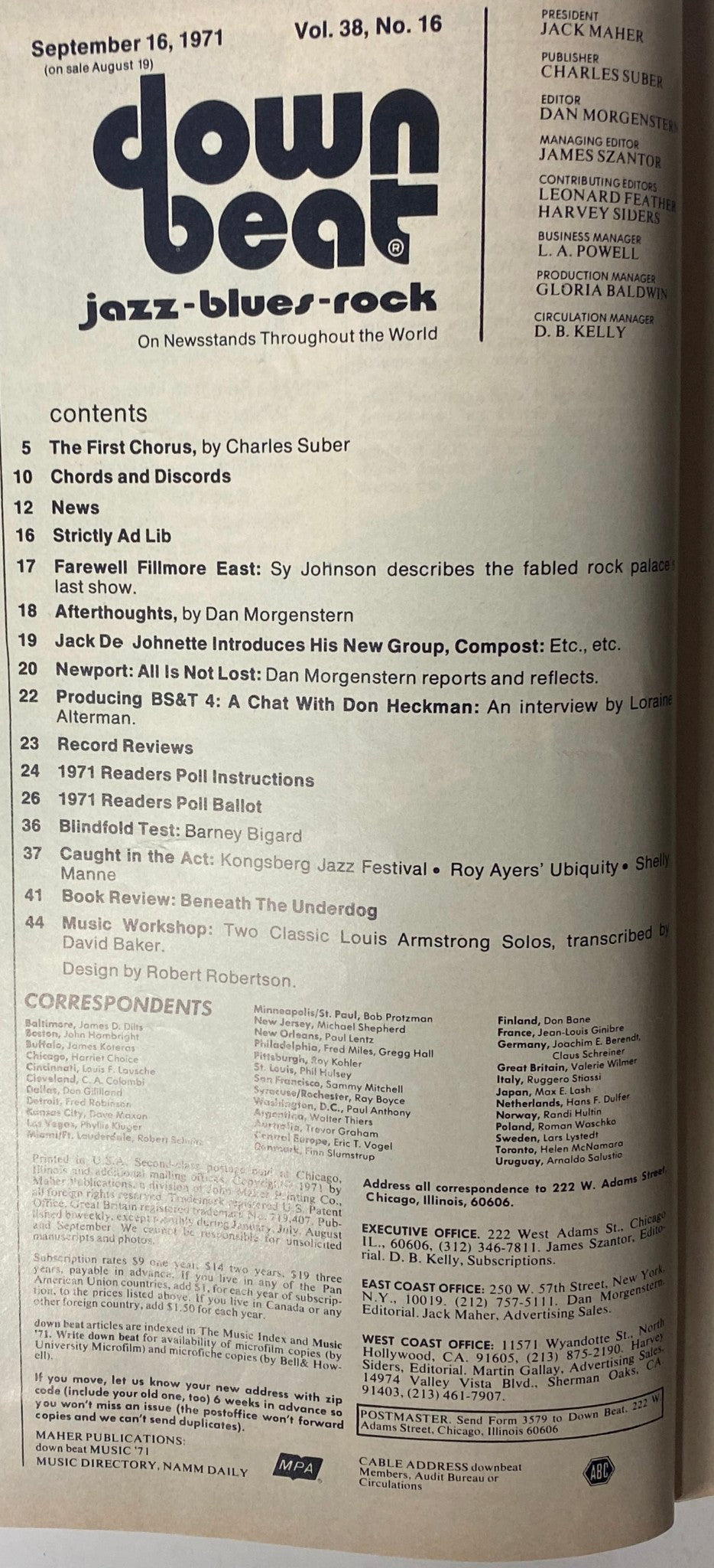 Table of contents from Down Beat Magazine September 16, 1971 Vol 38 No. 16 listing articles including 'The First Chorus' and 'Chords and Discords'.