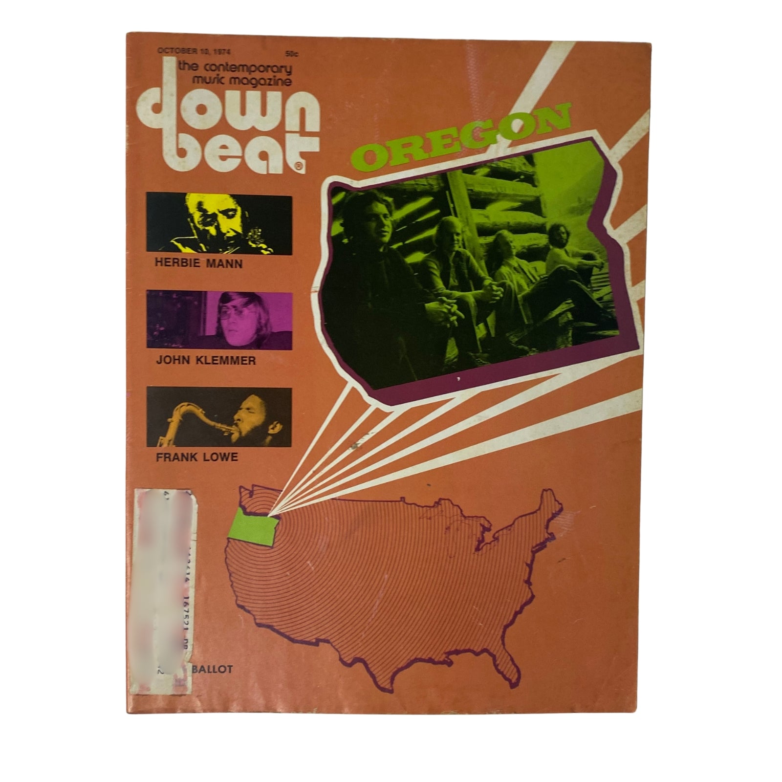 Cover of Down Beat Magazine October 10, 1974 Vol 41 No. 16 featuring Herbie Mann and John Klemmer, with retro design elements and the word 'Oregon' prominently displayed.