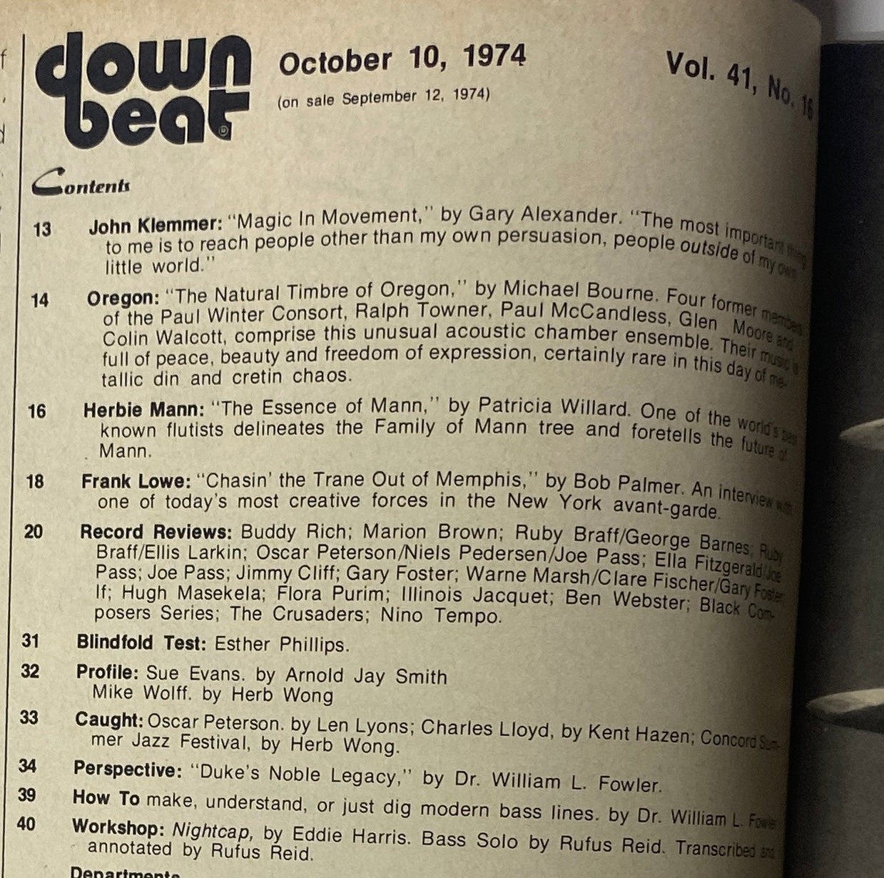 Inside page of Down Beat Magazine October 10, 1974 Vol 41 No. 16 showcasing the table of contents including articles about John Klemmer, Herbie Mann, and Frank Lowe.