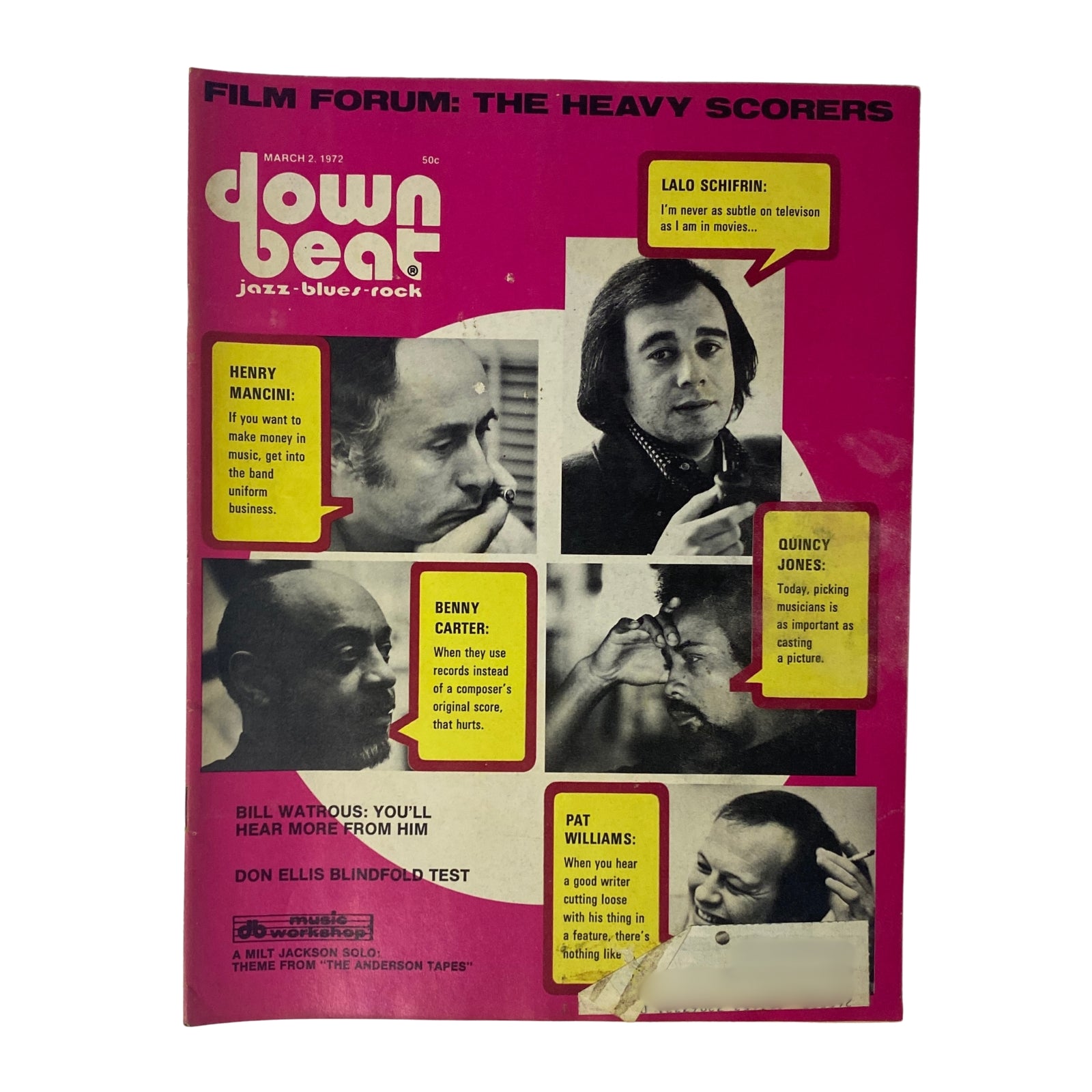Cover of Down Beat Magazine, March 2, 1972, Vol 39 No. 4 featuring Lalo Schifrin, Henry Mancini, Benny Carter, Quincy Jones, Bill Watrous, and Pat Williams with a focus on jazz and film scoring.