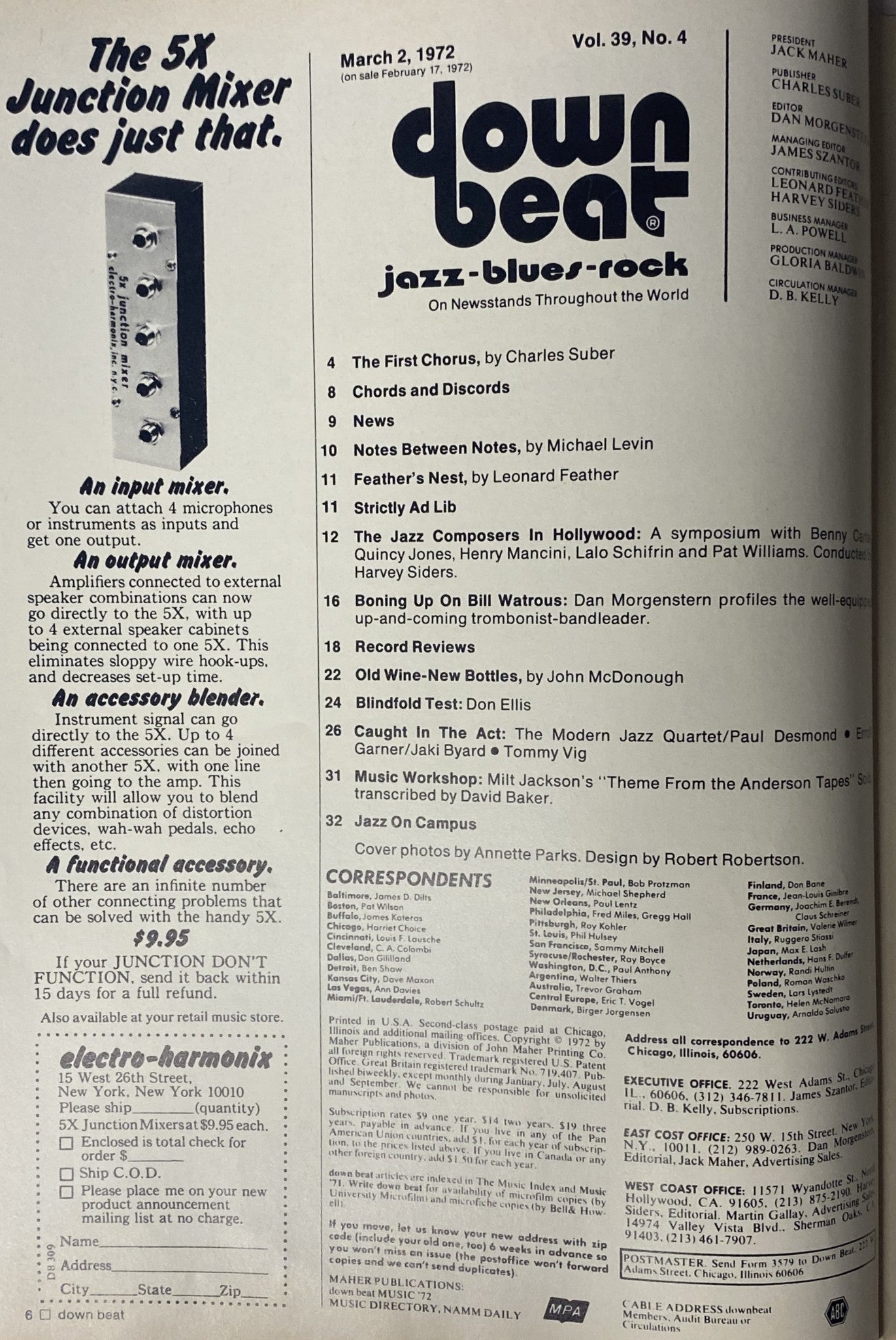 Down Beat Magazine March 2, 1972 Vol 39 No. 4 featuring articles on jazz by Charles Suber, Michael Levin, and Leonard Feather; highlights include a symposium with Benny Carter, Quincy Jones, Henry Mancini, and Lalo Schifrin, and cover photos by Annette Parks.