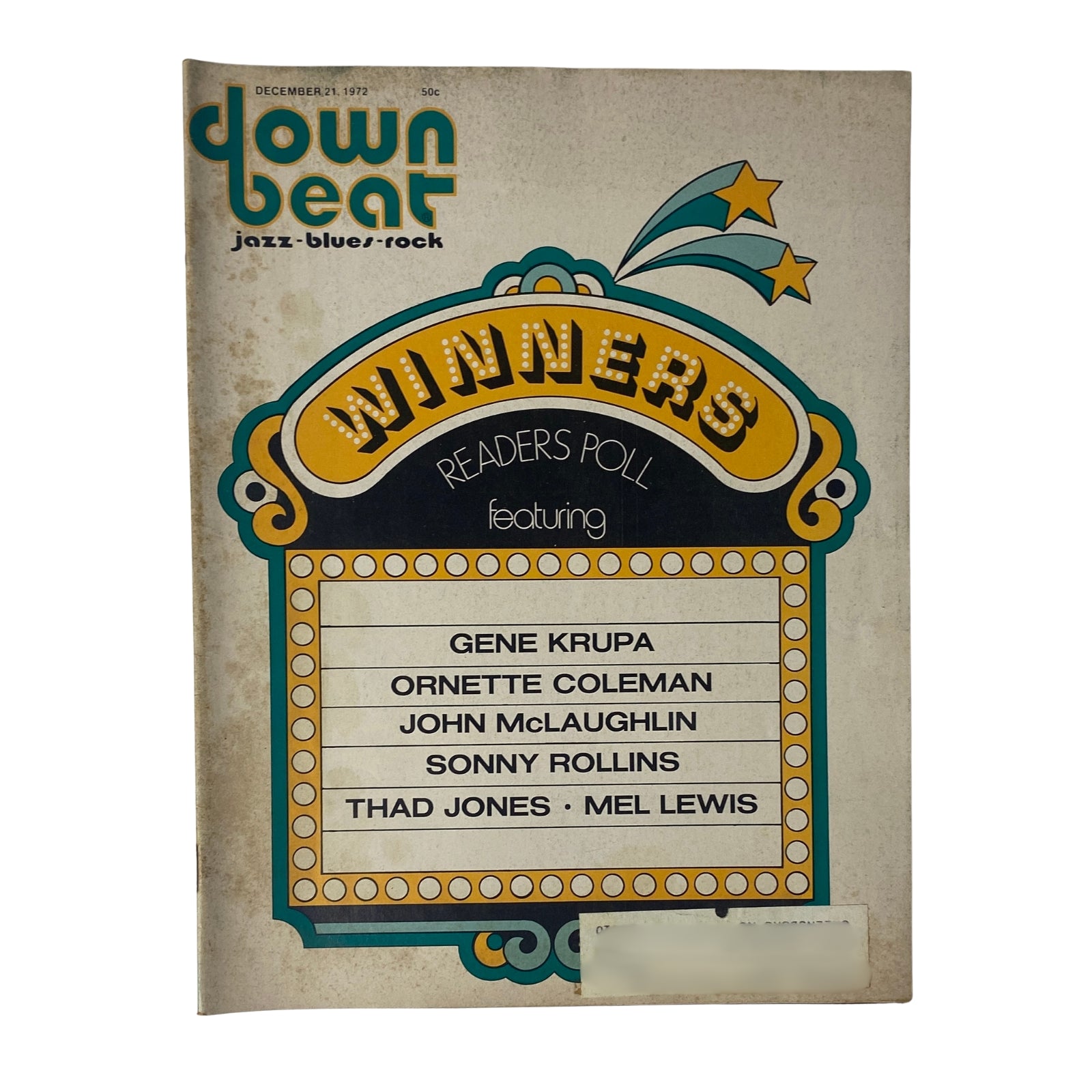 Cover of Down Beat Magazine December 21, 1972 Vol 39 No. 21 featuring Gene Krupa, Ornette Coleman, and listing of Readers Poll winners including John McLaughlin, Thad Jones, and Sonny Rollins.