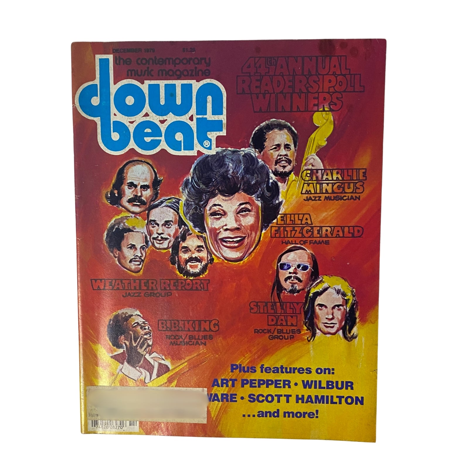 Cover of Down Beat Magazine December 1979 featuring Charlie Mingus, Ella Fitzgerald, and B.B. King, showcasing vibrant artwork and notable jazz artists.