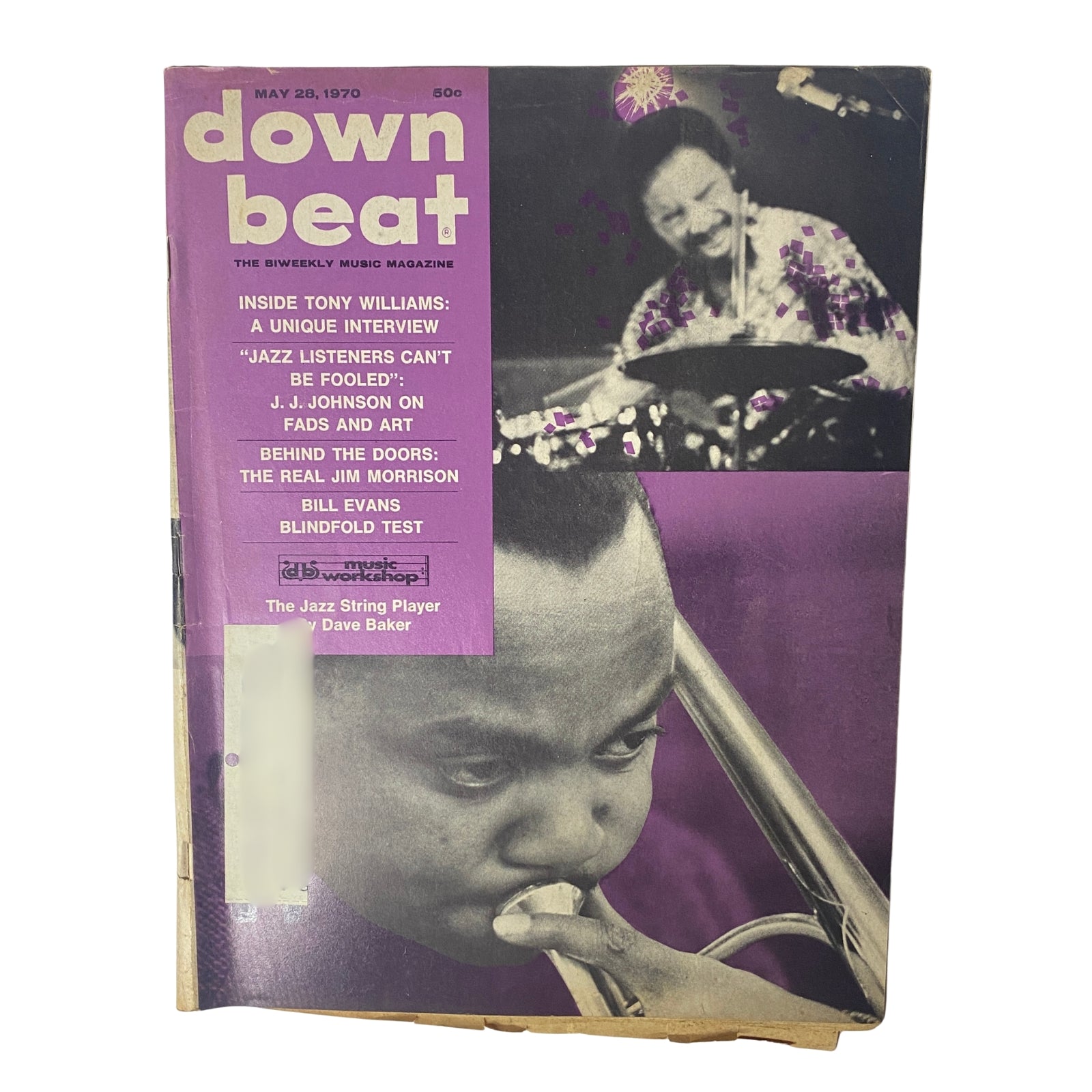 Cover of Down Beat Magazine from May 28, 1970, Volume 37, Number 11 featuring Tony Williams, with a unique interview inside. Highlights include Jim Morrison and Bill Evans.