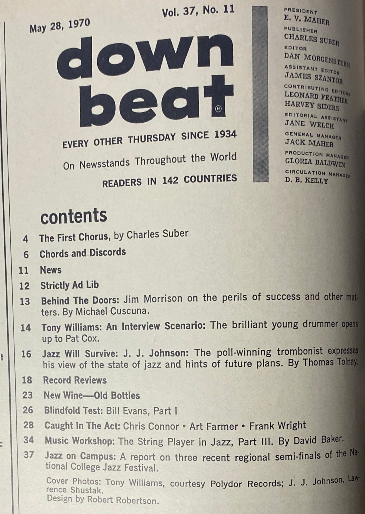 Contents page of Down Beat Magazine, May 28, 1970, Volume 37, Number 11, listing articles such as an interview with Tony Williams and features on Jim Morrison and J. J. Johnson.
