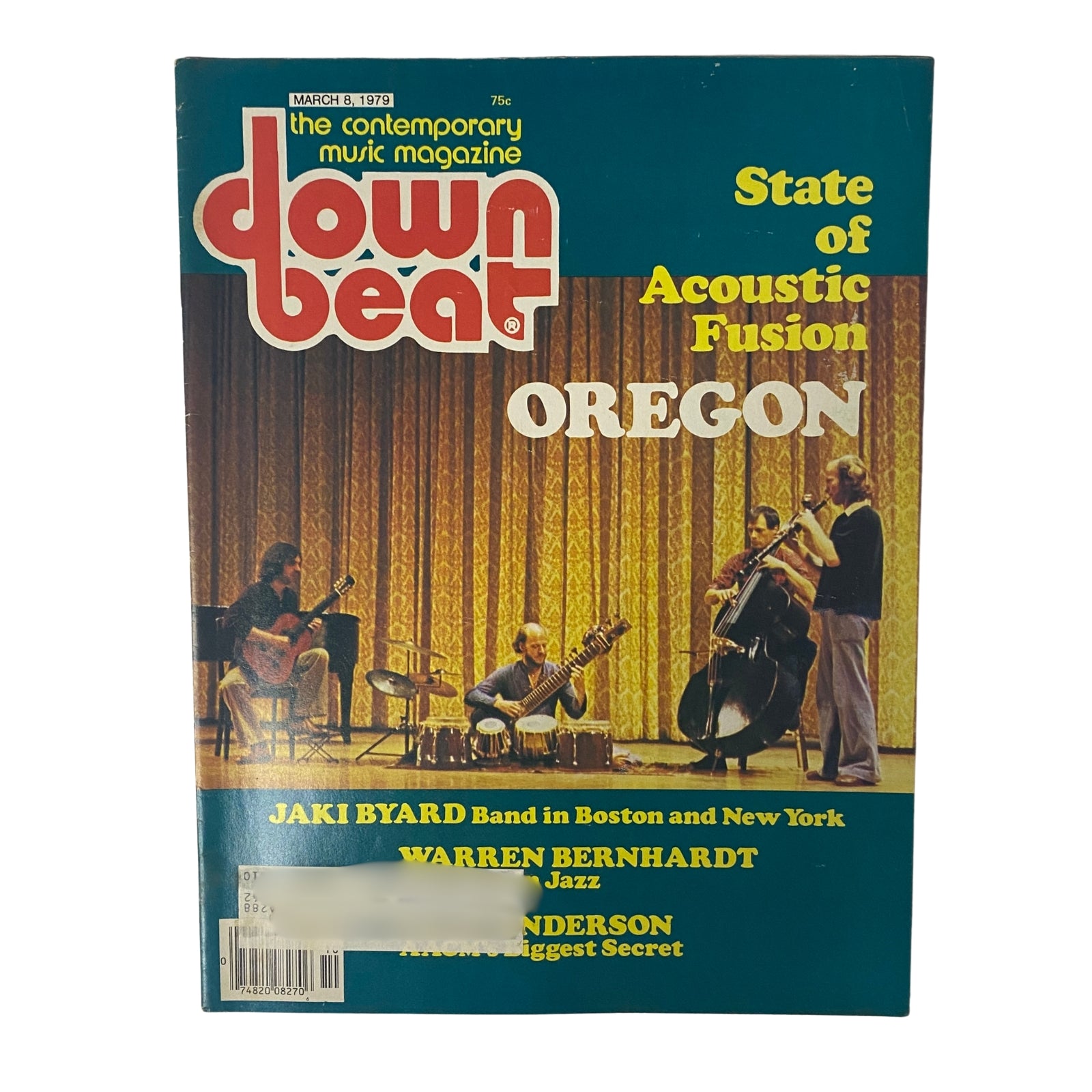 Down Beat Magazine cover from March 8, 1979 featuring Jaki Byard, Warren Bernhardt, and a jazz performance backdrop titled 'State of Acoustic Fusion Oregon'.