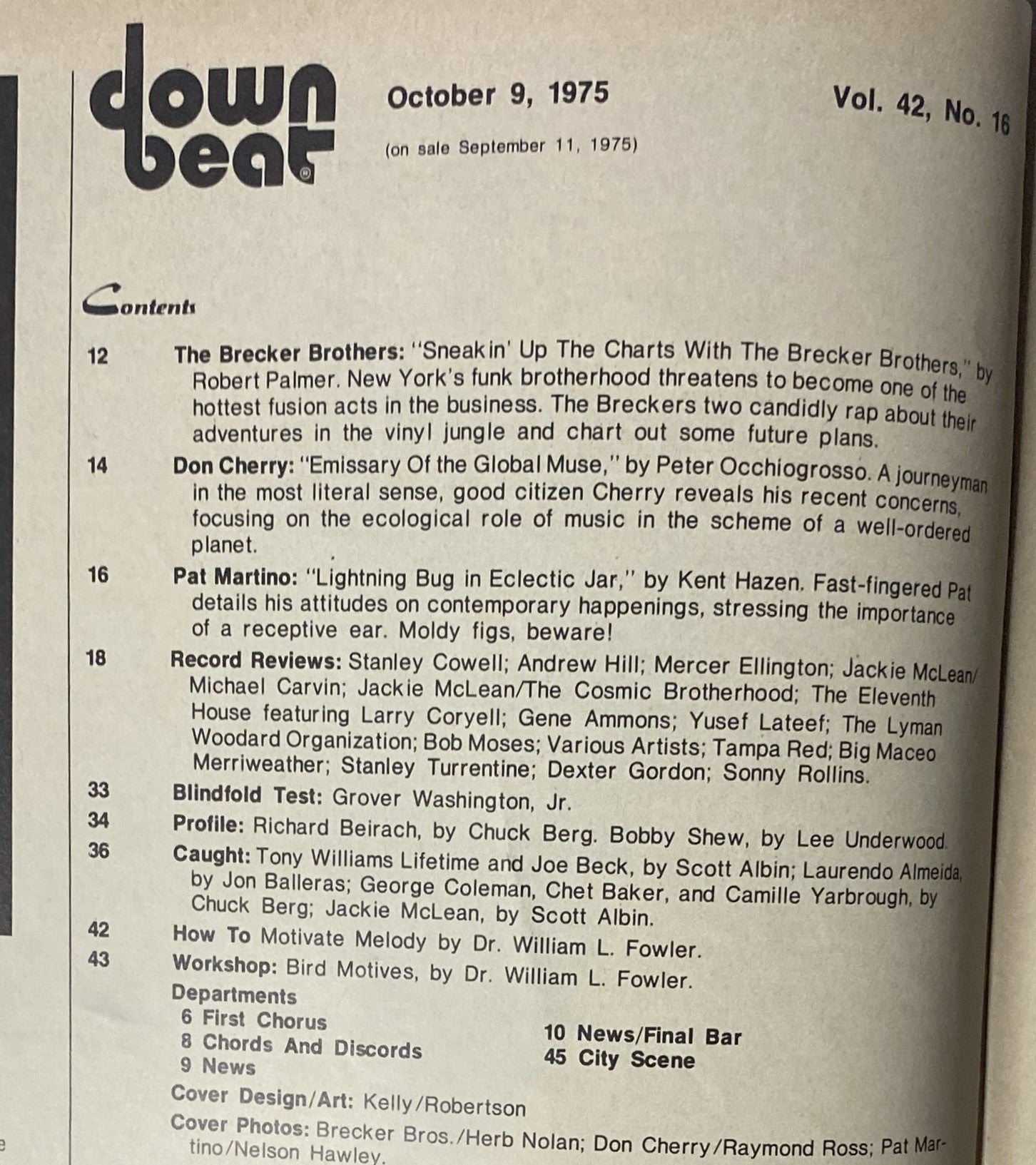 Cover of Down Beat Magazine, October 9, 1975, Volume 42, Number 16 featuring The Brecker Brothers, showcasing articles on music including profiles and interviews with notable musicians.