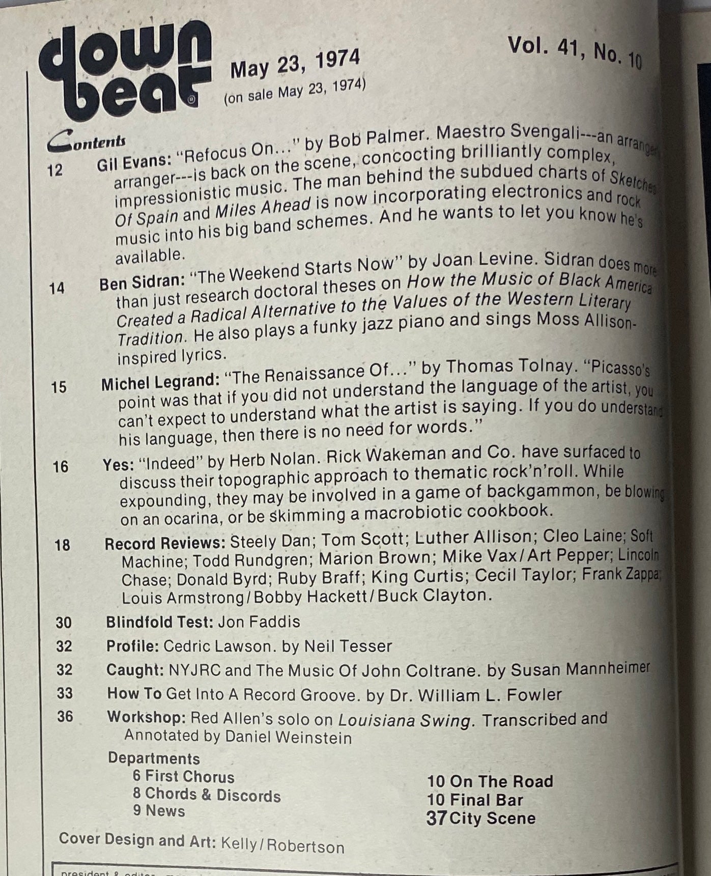 Table of contents page from Down Beat Magazine May 23, 1974, Volume 41, Number 10. Highlights include articles about Gil Evans, Ben Sidran, and Michel Legrand, as well as music reviews and profiles.
