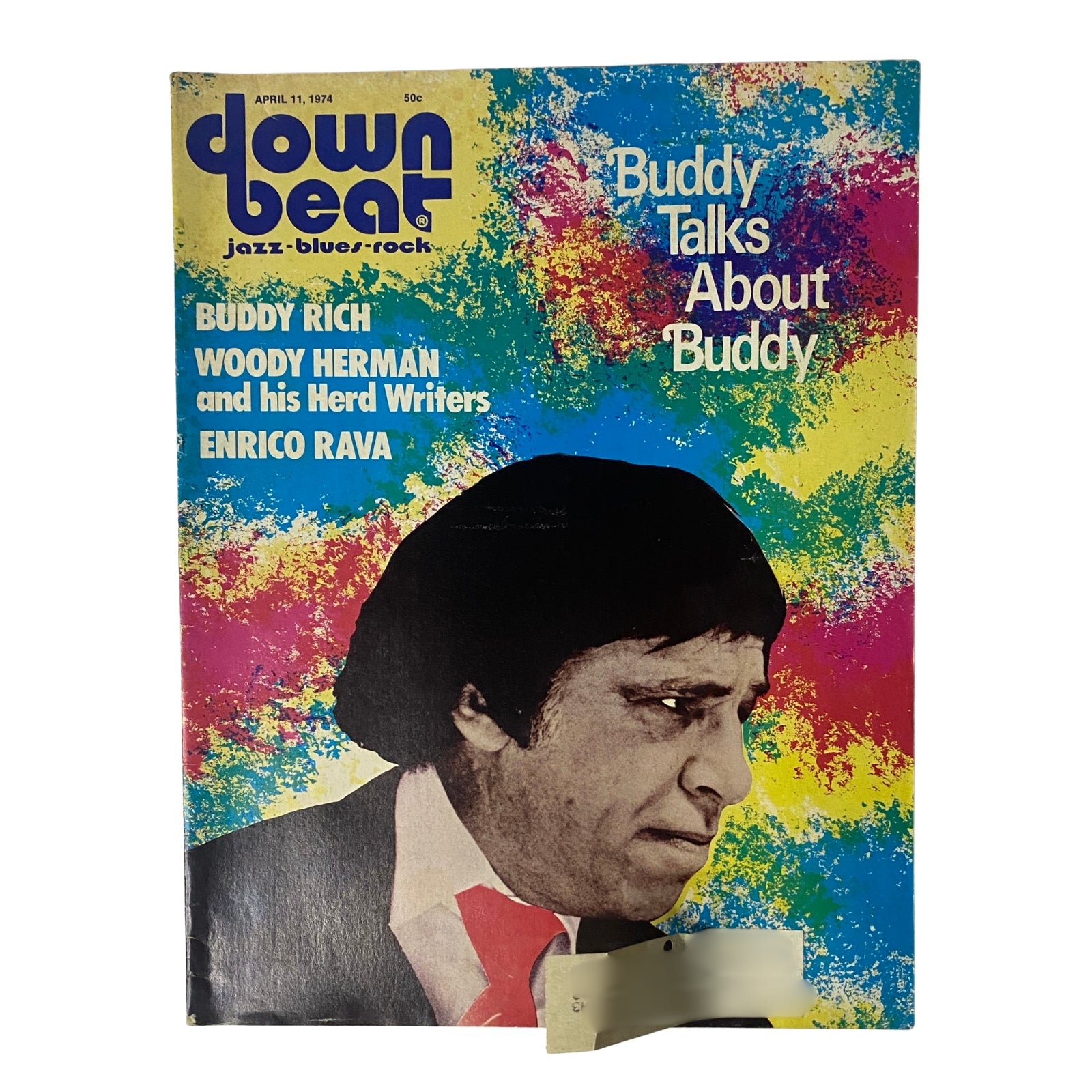 Cover of Down Beat Magazine from April 11, 1974 featuring Buddy Rich and Woody Herman, alongside an artistic background and headlines discussing Buddy Rich's insights and musicians featured.