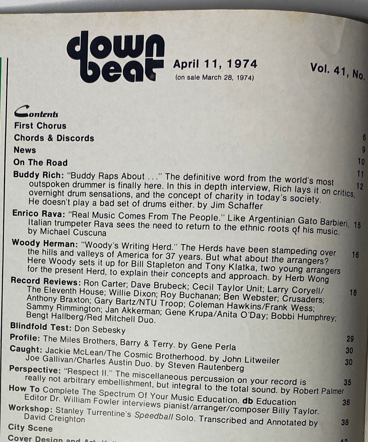Table of contents for Down Beat Magazine, April 11, 1974, highlighting articles about Buddy Rich, Woody Herman, and Enrico Rava, and various music reviews.