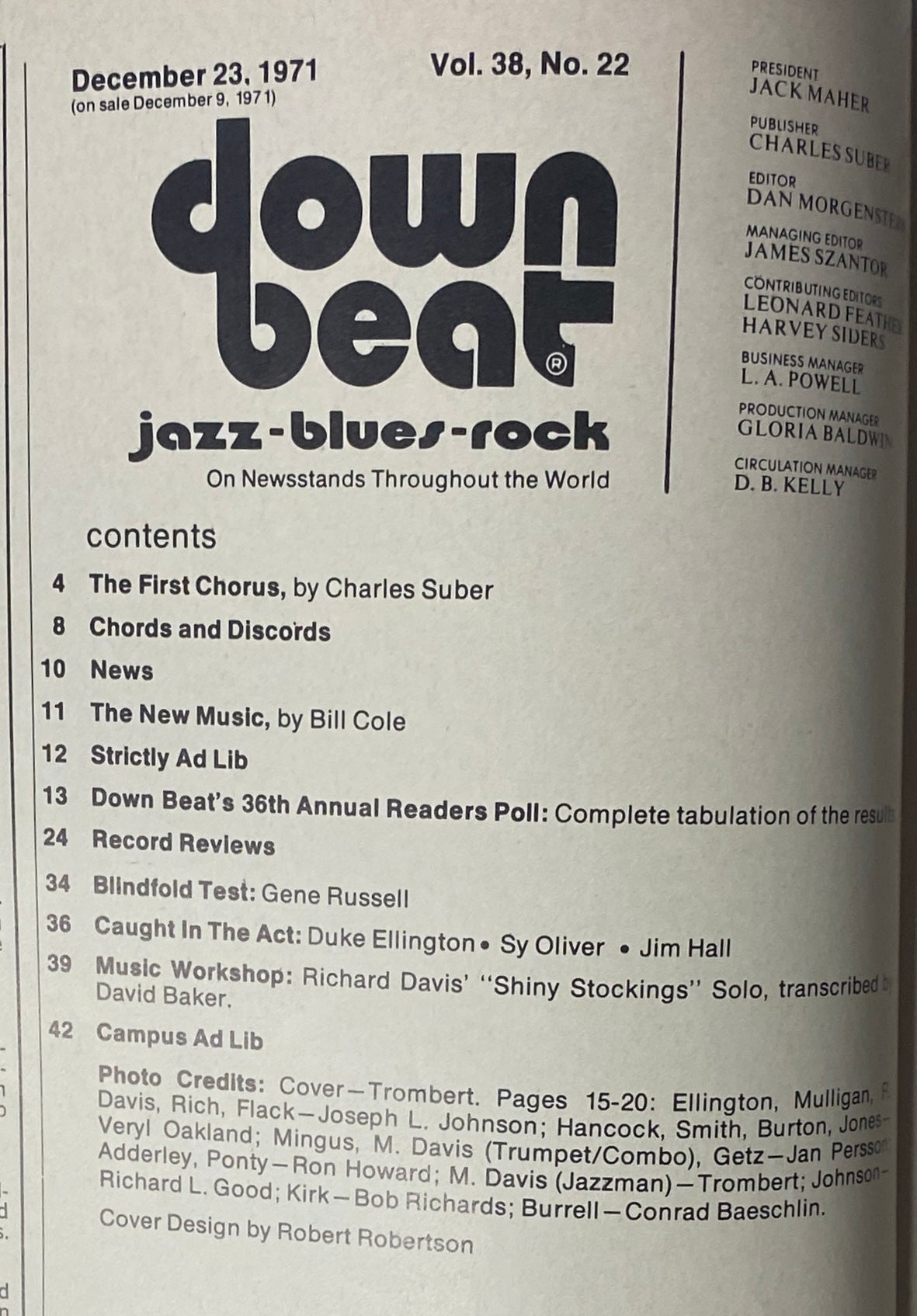 Inside page of Down Beat Magazine December 23, 1971, Vol 38 No. 22 displaying the table of contents including articles like 'The First Chorus' and 'Chords and Discords'.